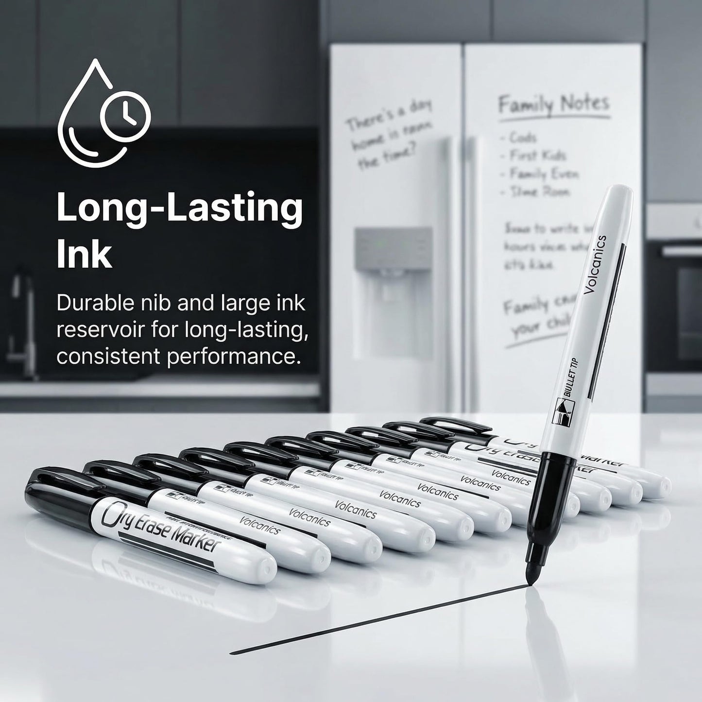 Volcanics Black Dry Erase Markers Low Odor Fine Whiteboard Markers Thin Box of 12