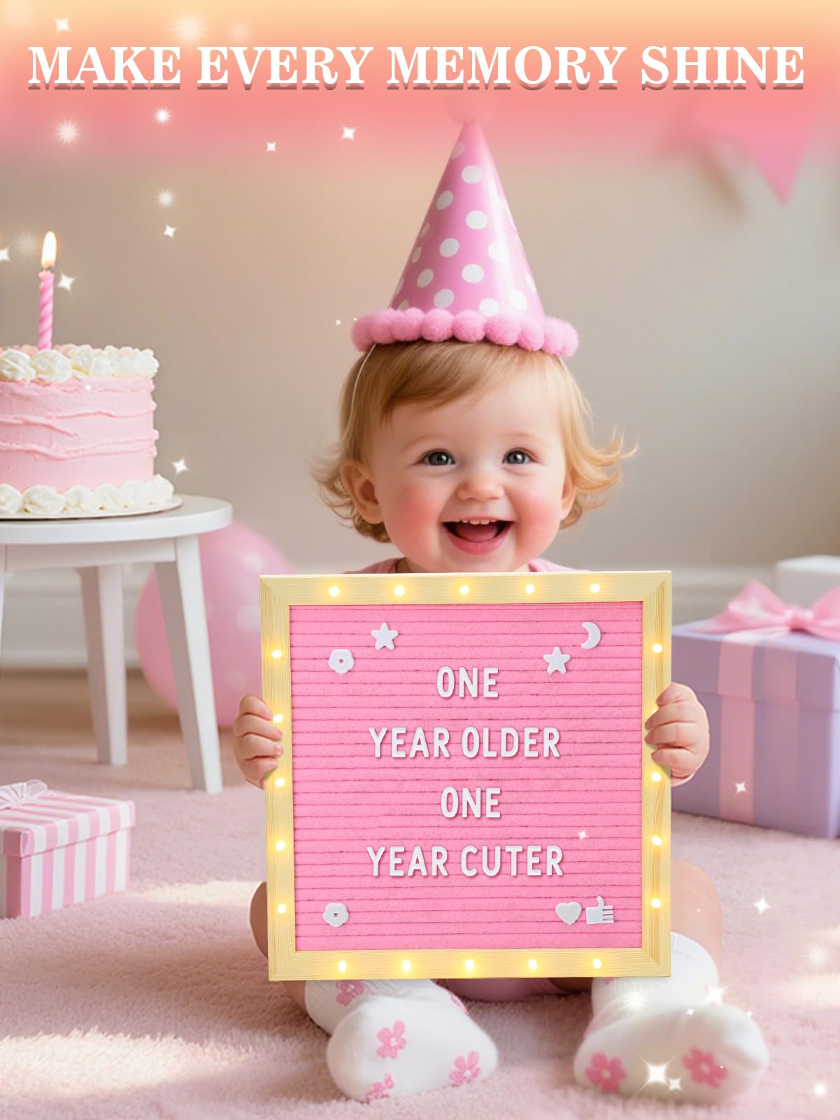 Changeable Felt Letter Board with LED Lights - 10''×10" Message Custom Signs & Wood Stand & 450 Letters, Poster Board for Baby/Pregnancy Announcement/Classroom Wall Decor Gifts, Pink