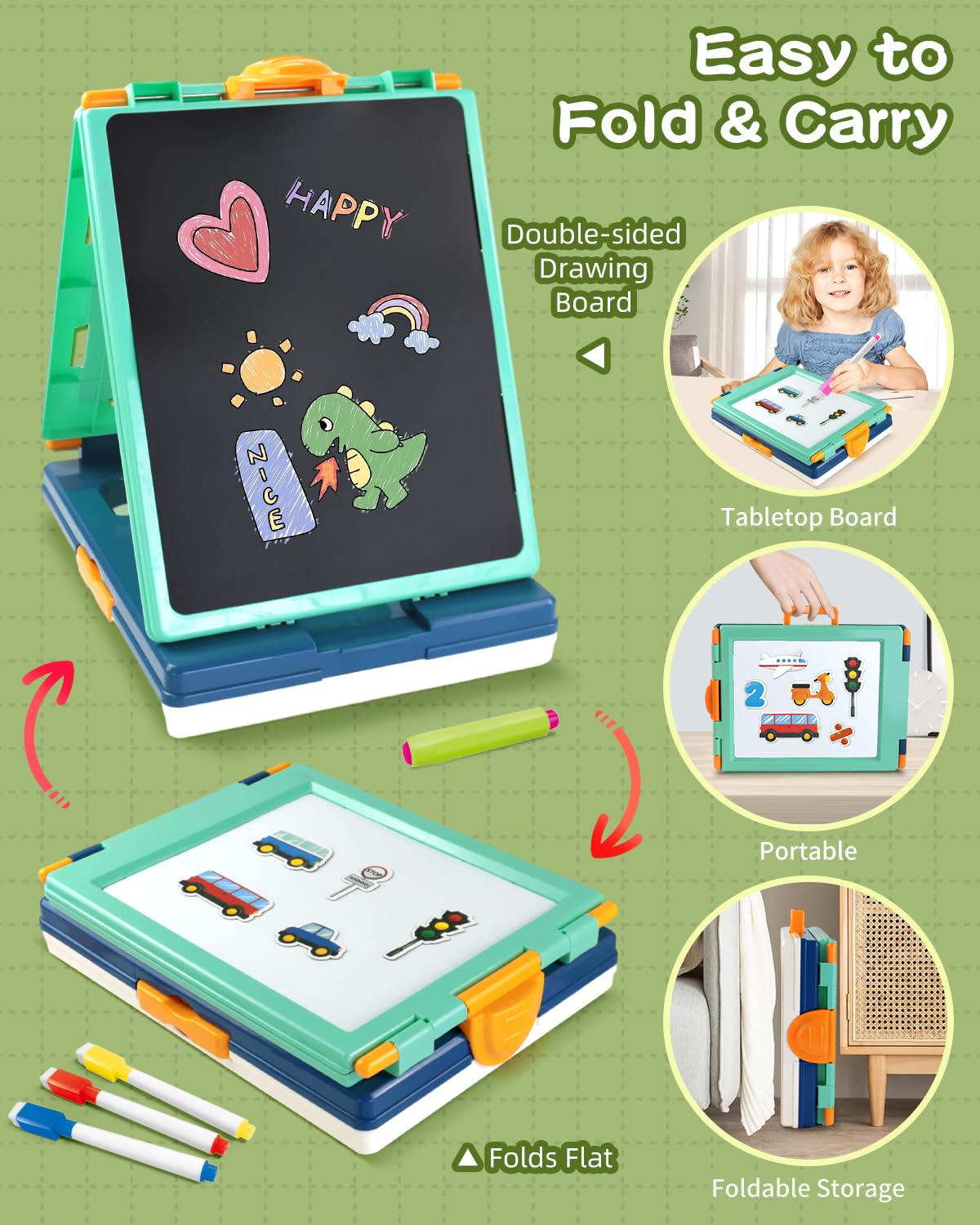 Elovien Easel for Kids,Tabletop Easel for Toddler, Foldable 4 in 1 Double Sided Kids Art Easel with Chalkboard & Magnetic Whiteboard,Portable Desktop Drawing Board - Gift for Boys and Girls (Green)