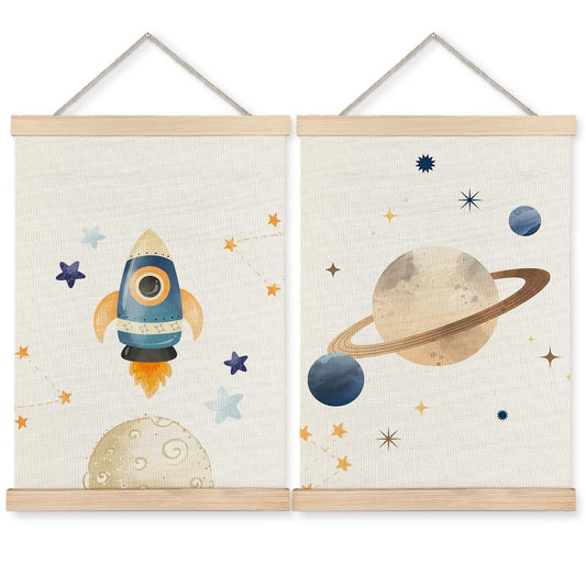 BearCake Space Nursery Decor, Solar System Rocket Wall Art Poster Hanger Frame, Space Canvas Prints Framed Wall Decor for Classroom Toddler Boys Room Nursery Playroom, 12x16 Inch Set of 2