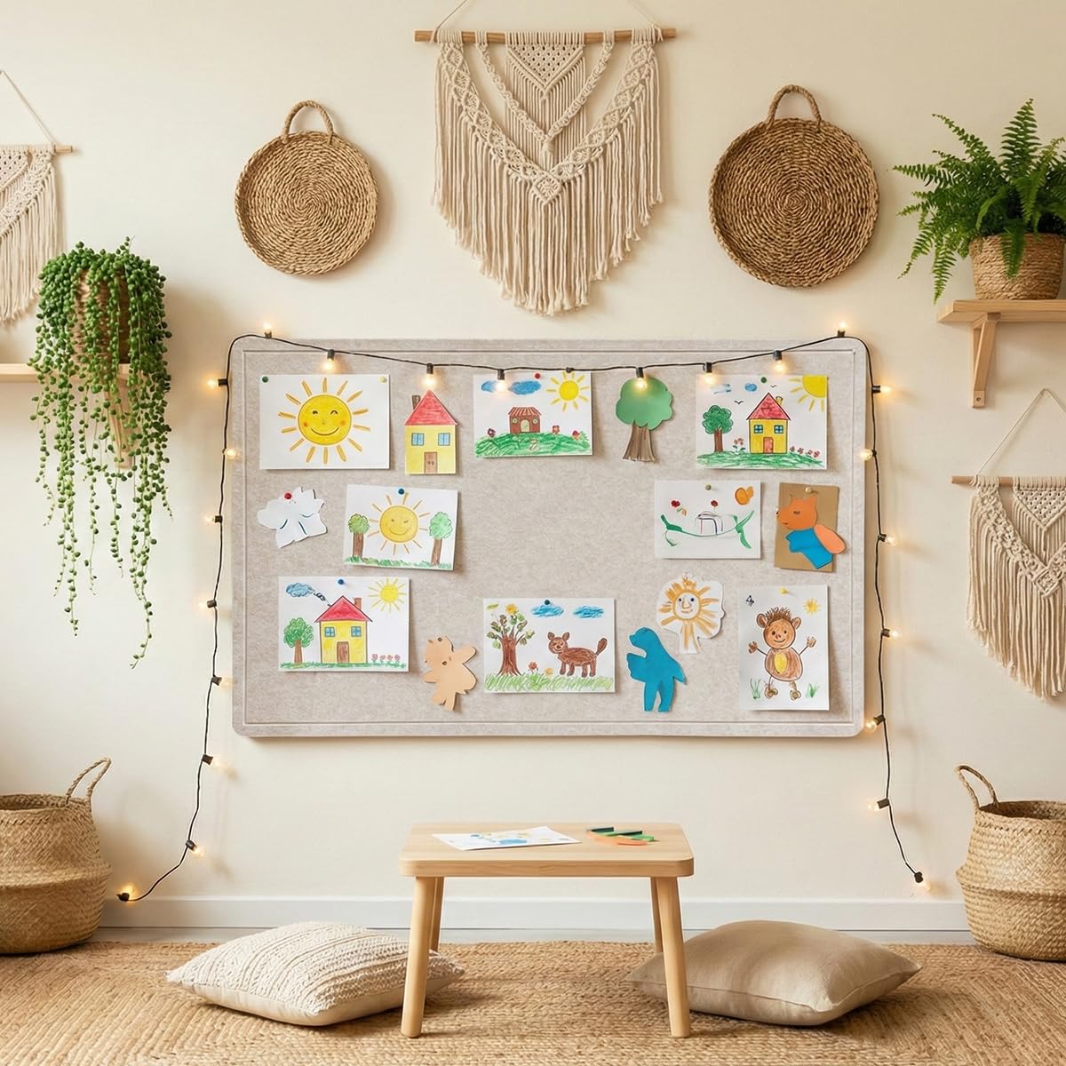 72 x 48 Inch Foldable Felt Bulletin Board (6 x 4 Ft) - Large Ivory Tan Pin Board for Boho Classroom Decor, Kids Playroom & Home Office - Self-Adhesive Sound Dampening Wall Panel