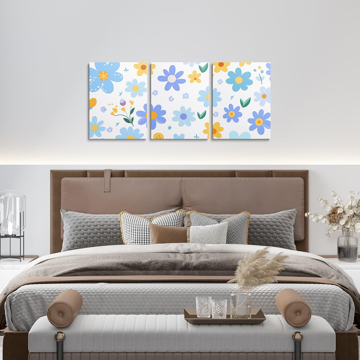 Feelyou Cute Flower 3 Piece Canvas Wall Art for Living Room Bedroom Cartoon Cute Floral Office Decor Artwork Blue Yellow Wall Art for Home Decor Kawaii Picture Posters