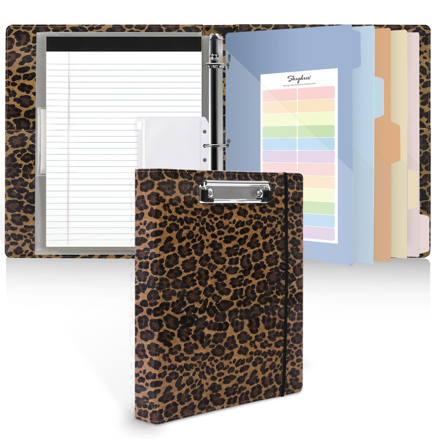 SKYDUE 1 Inch 3-Ring Binder with Clipboard, PU Aesthetic Binder with 5 Dividers, Notepad, Stickers & Pockets for Work and School (Letter Size)