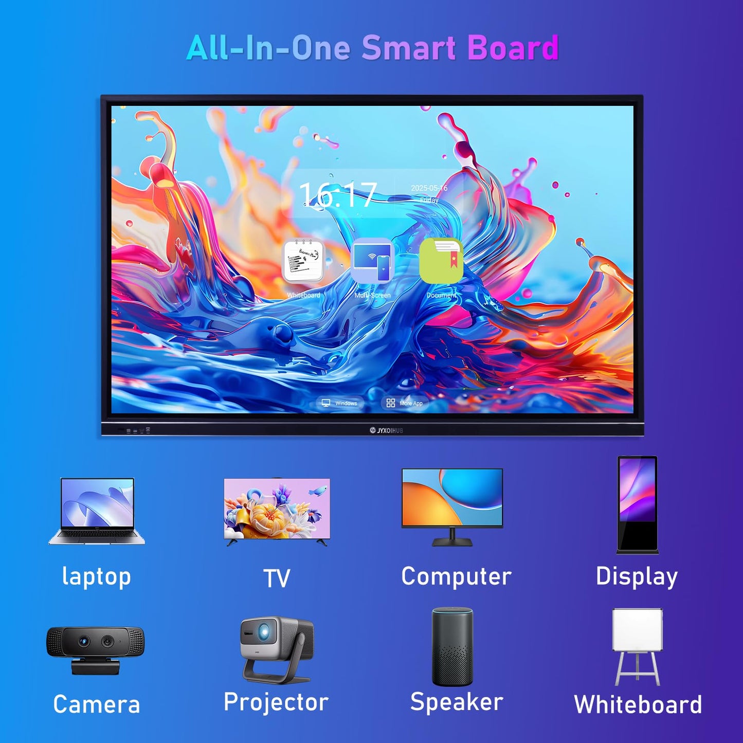 Interactive Whiteboard, 86inch Smart Board with 4K UHD Touch Screen Flat Panel, All in One Digital Electronic Whiteboard Built in Dual System for Conference