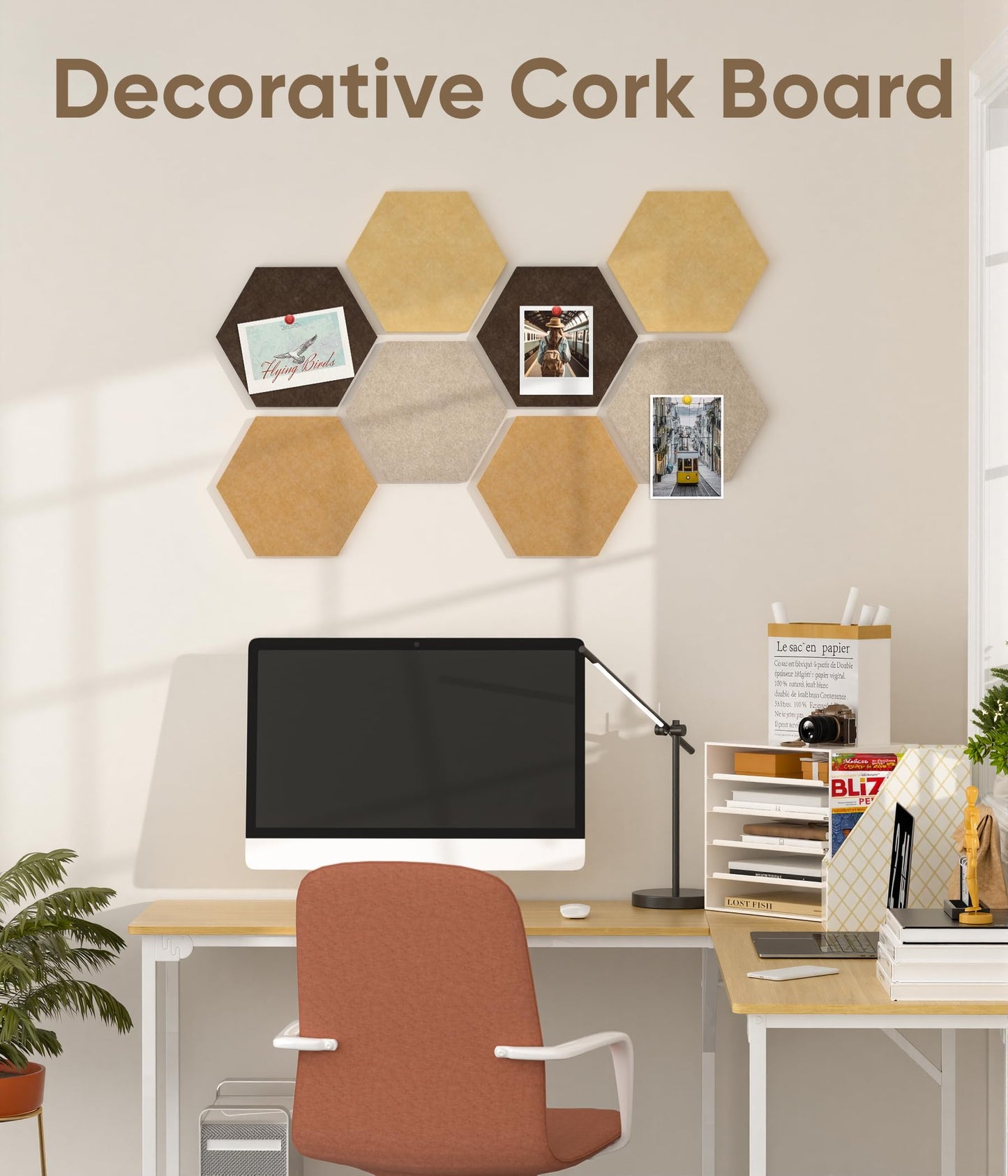 Toptople 12 Inch Large Hexagon Cork Board for Walls, 8 Pack Felt Bulletin Board Tiles, Pin Board with Push Pins for Office Photo and Note, Maillard Brown