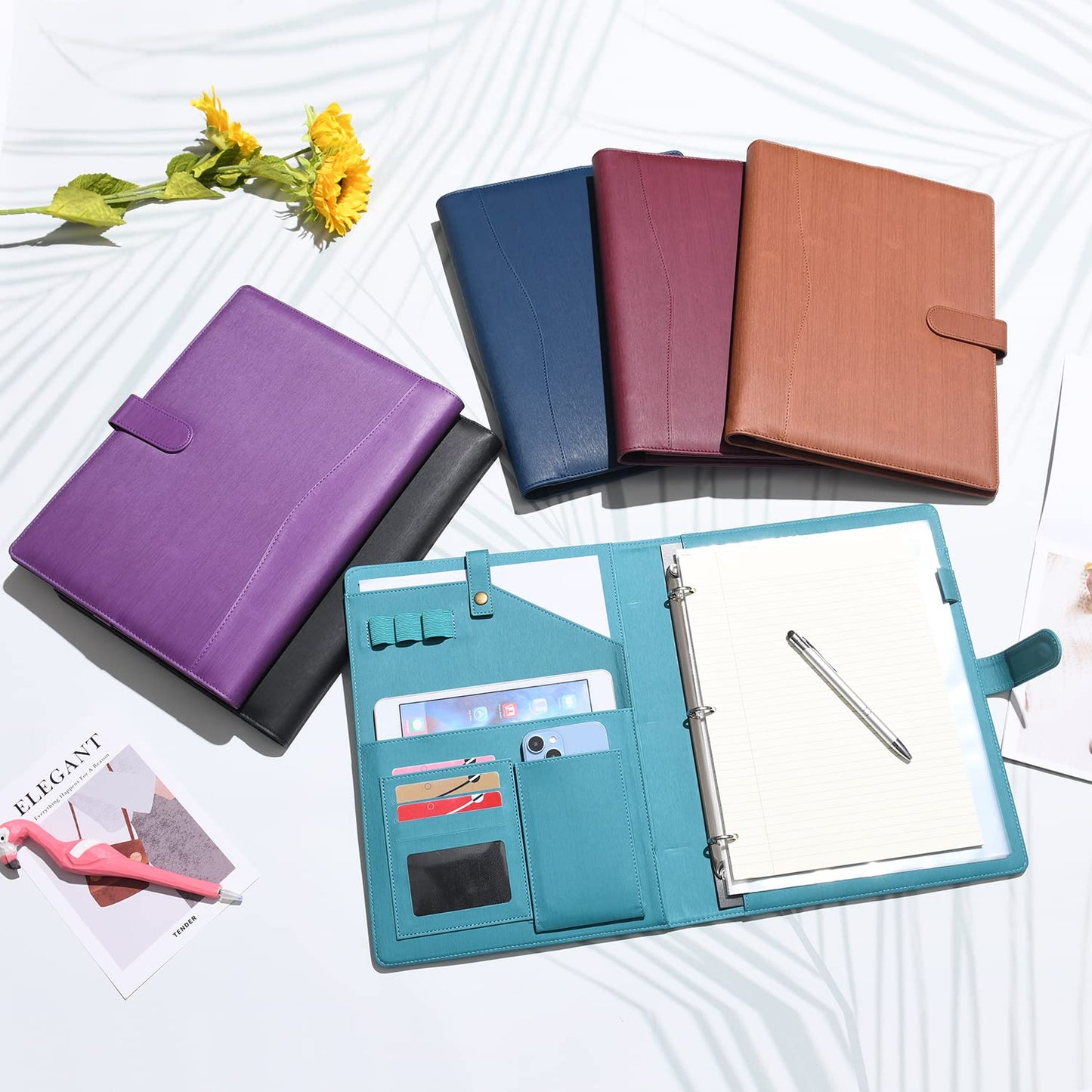 Wonderpool A4 PU Leather Portfolio Holder Ring File Document Case with Removable Binder Clipboard, Multi Pocket and Legal Pad for Business Organizer Interview and Meeting (Brown)