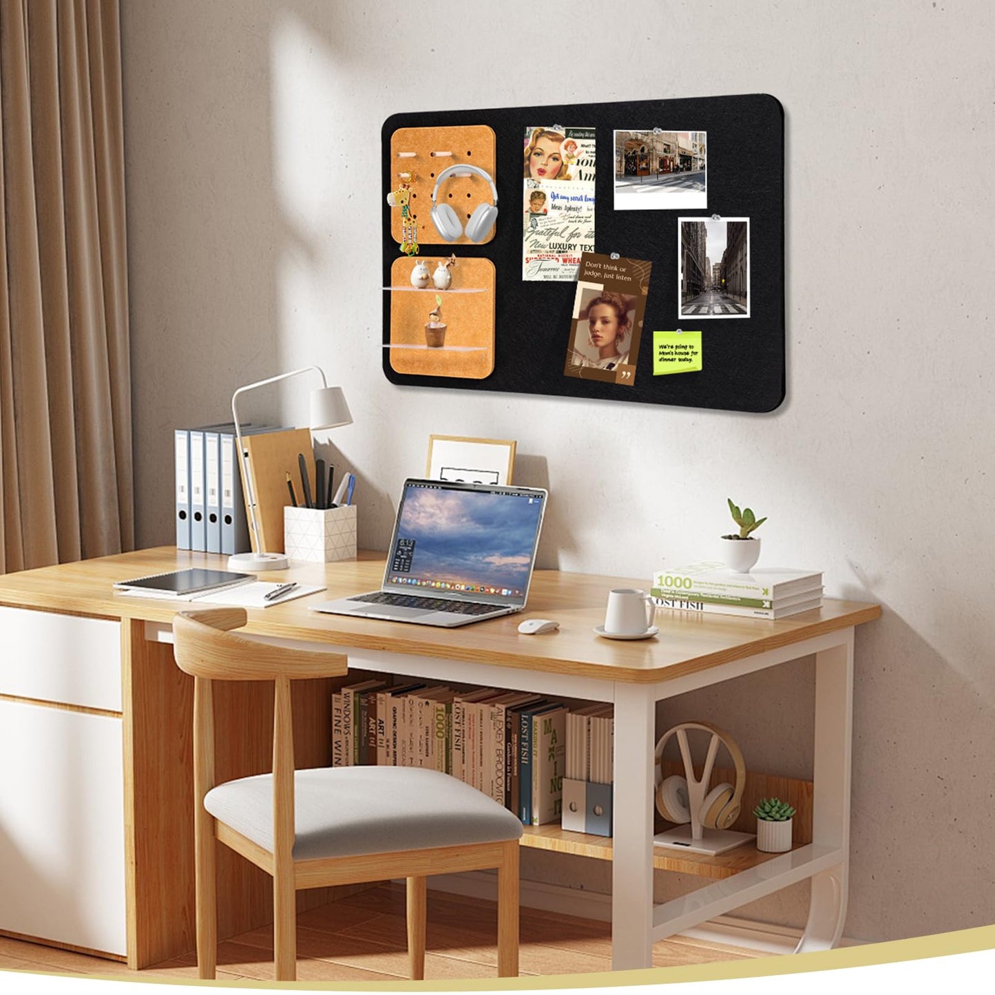 Wall Organizer Bulletin Board with Shelves and Key Holder, 2-in-1 Felt Pin Board for Photos, Notes, Keys and Small Accessories, Memo Board for Home Office Dorm, Black/Tan, 15.7"x23.6"