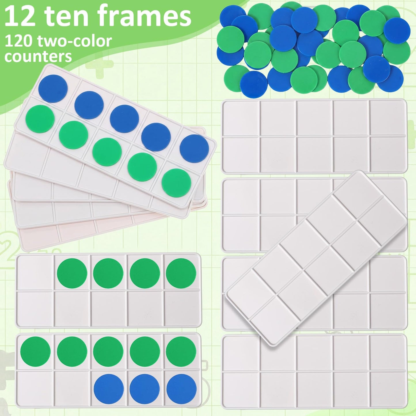 Soulchen 12 Sets Plastic Ten Frames for Classroom Math Manipulatives for Kids Classroom Math Counters Supplies Including 12 Plastic Ten Frames, 120 Counters for Teach Number Concepts (Green,Blue)