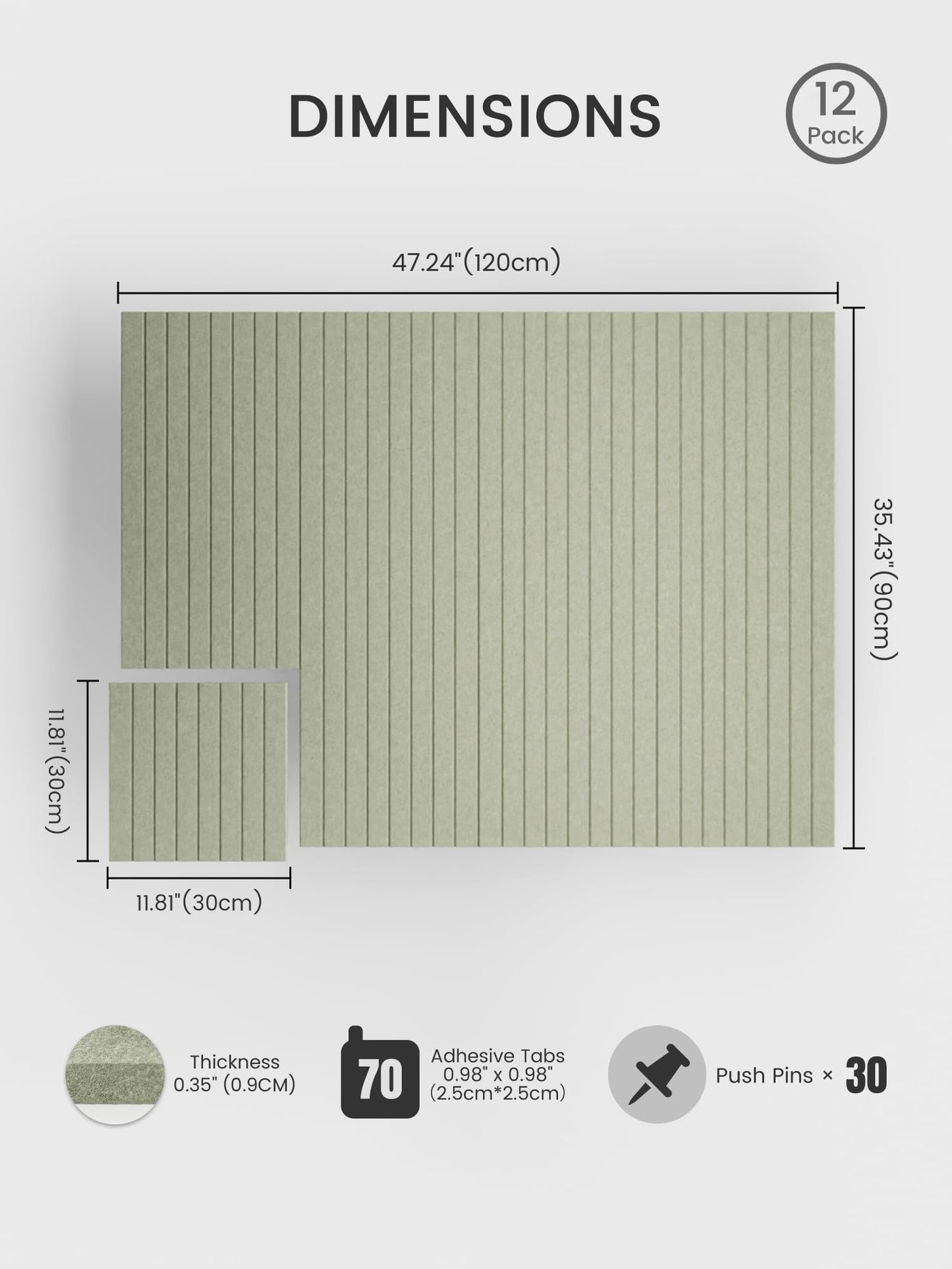 Bumusty Large Cork Board Alternative-48 x 36" Felt Bulletin Board Tiles, with 30 Pushpins, 70 Adhesive Tabs, Fine-Stripe 12-Pack, Cork Boards for Office Push Pin Board Felt Board-Sage