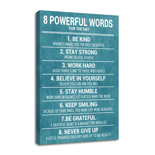 YSPCSUN Motivational Canvas Wall Art 8 Powerful Words Quote Poster, Teal White Inspirational Wall Decor for Living Room Gym Office, Single Panel Framed Canvas Print, 36x24 Inch