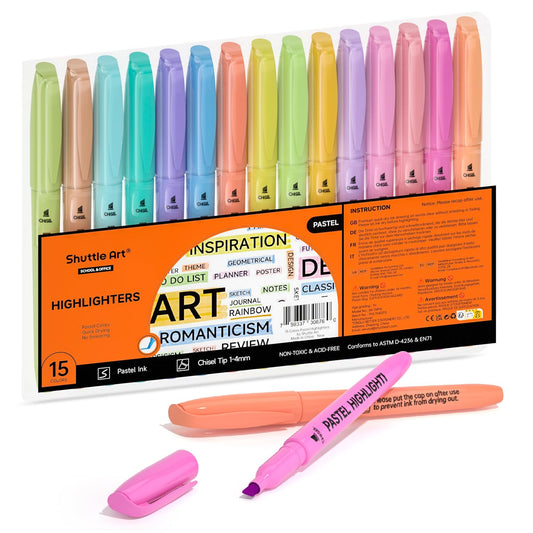 Shuttle Art Highlighters, 15 Colors Pastel Highlighter Pens Assorted Colors, Chisel Tip Dry-Quickly Non-Toxic Highlighter Markers for Adults Students Highlighting in the Home School Office