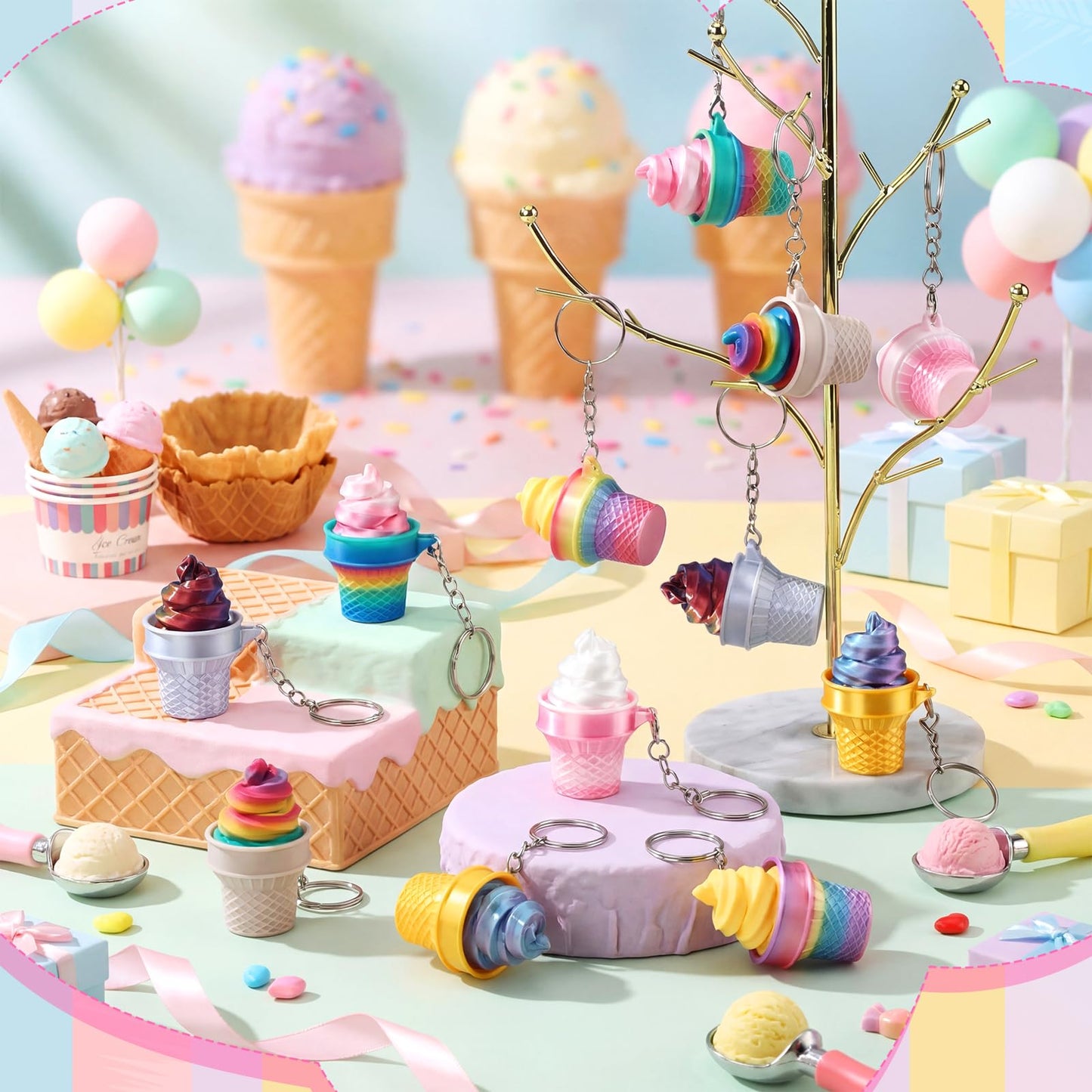 Kenning 12 Pcs Ice Cream Clicker Fidget Keychains Bulk 3D Printed Sensory Clicker Fidget Toys Stress Relief Ice Cream Party Favors Keychain for Summer Birthday Goodie Bag Stuffers Office Gifts