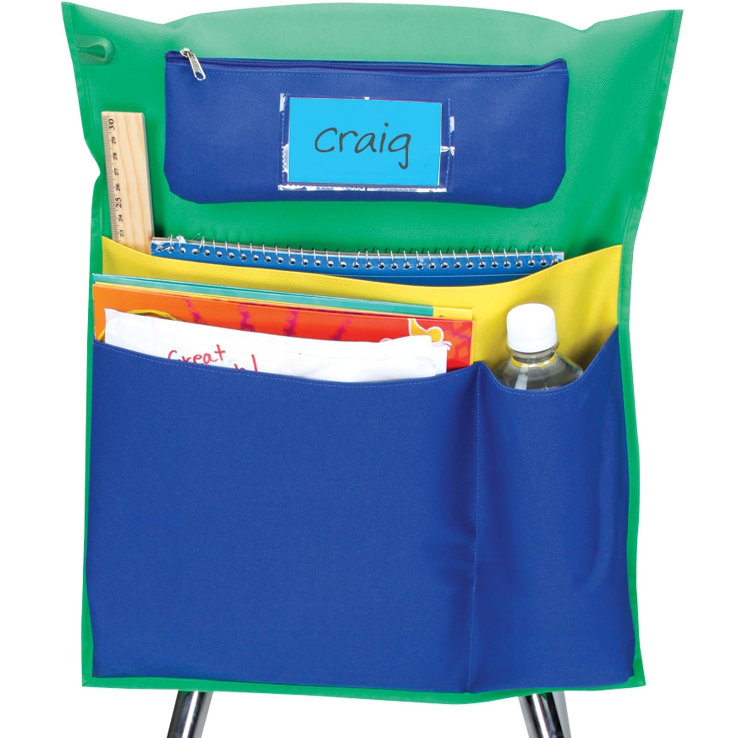Really Good Stuff Multi-Pocket Chair Pockets with Pencil Case and Water Bottle Holder – 6 Pack – Green/Blue | Classroom Essentials & Must Haves, Seat Sacks for Students, Desk Organizer, Storage Bag