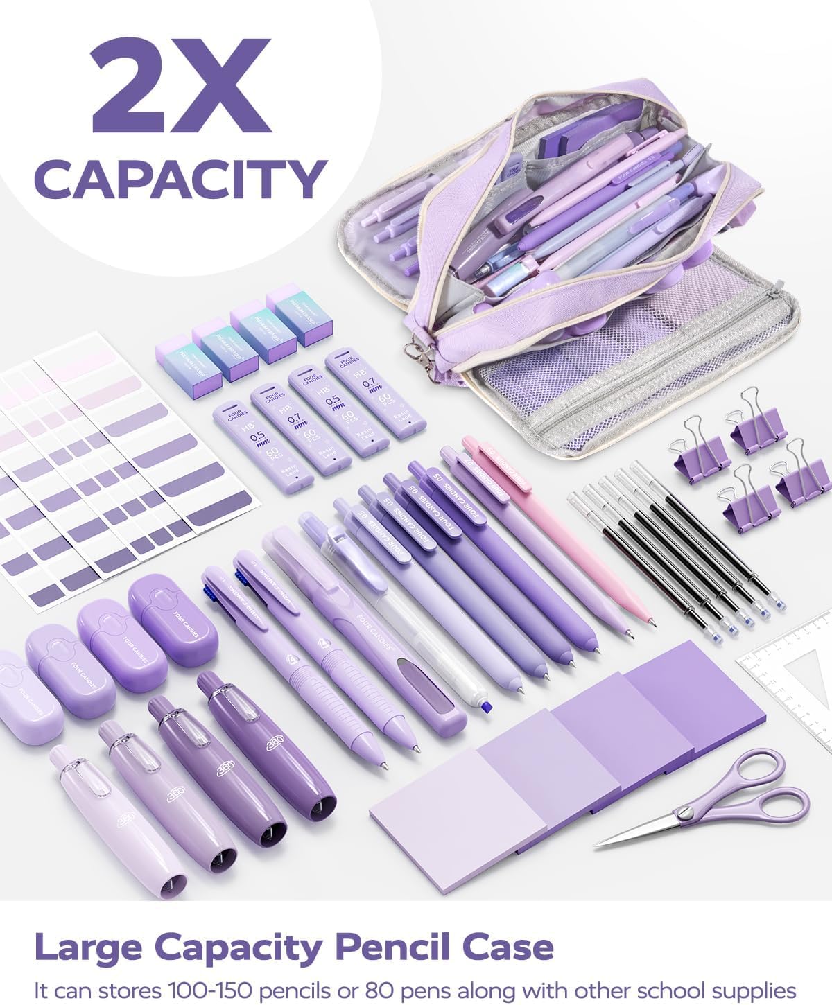 Four Candies Puple Pencil Case 3 Compartment Pouch, Large Pencil Case for School, Girls, Teen Boys, Women, Puple, Removable Handle & Zipper, Cute Pencil Bag for Office, College