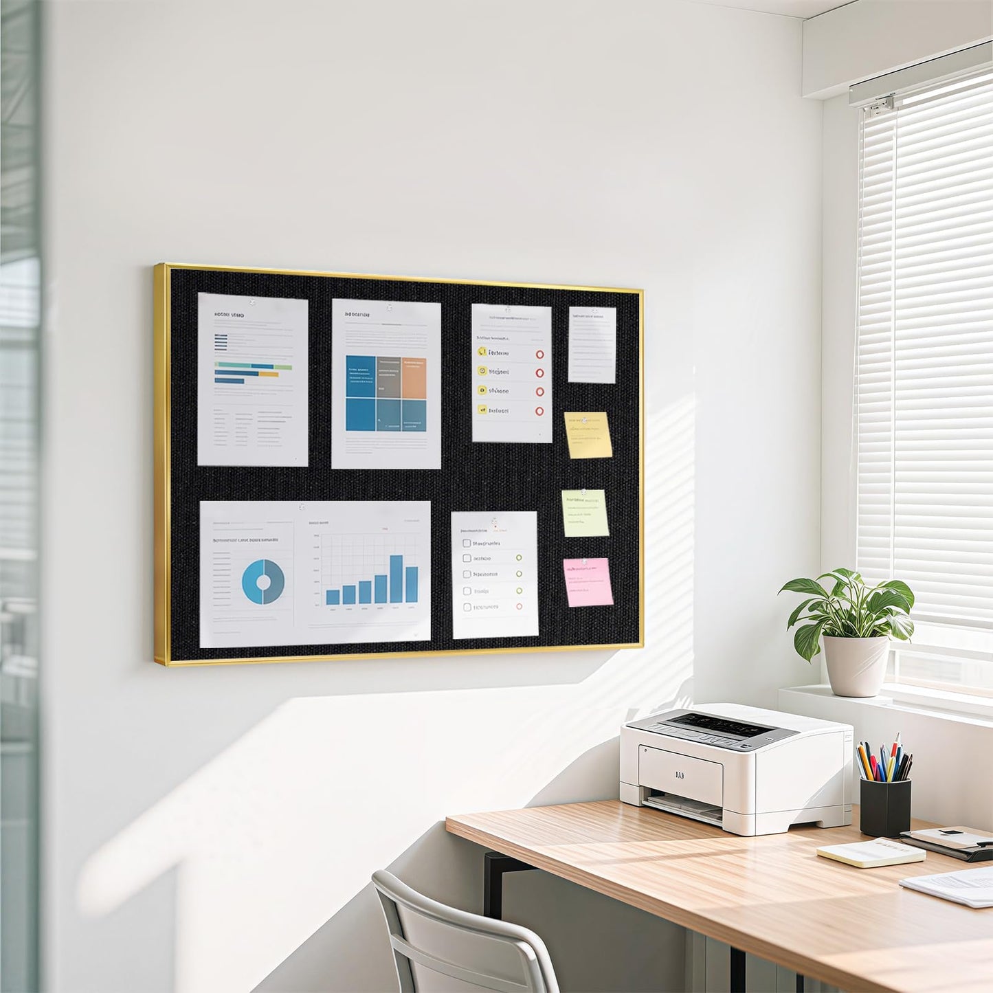 QUEENLINK Linen Bulletin Board 36" x 24", Black Fabric Pin Board with Gold Aluminum Frame, Decorative Vision Board for Home Office, Bedroom & Dorm Wall Decor, Includes 10 Push Pins