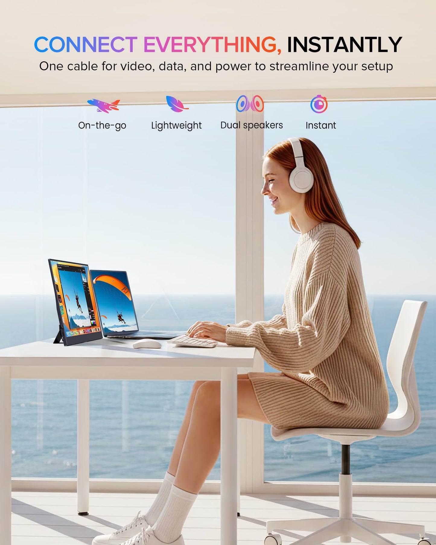EVICIV Portable Monitor 15.6", 125% sRGB 1080P Laptop Monitor, 350 Nits, 2000:1 Contrast Ultra-Slim Display, USB-C & MINI HDMI, VESA & Case, Travel Second Screen for Computer, Mini PC, Game Consoles