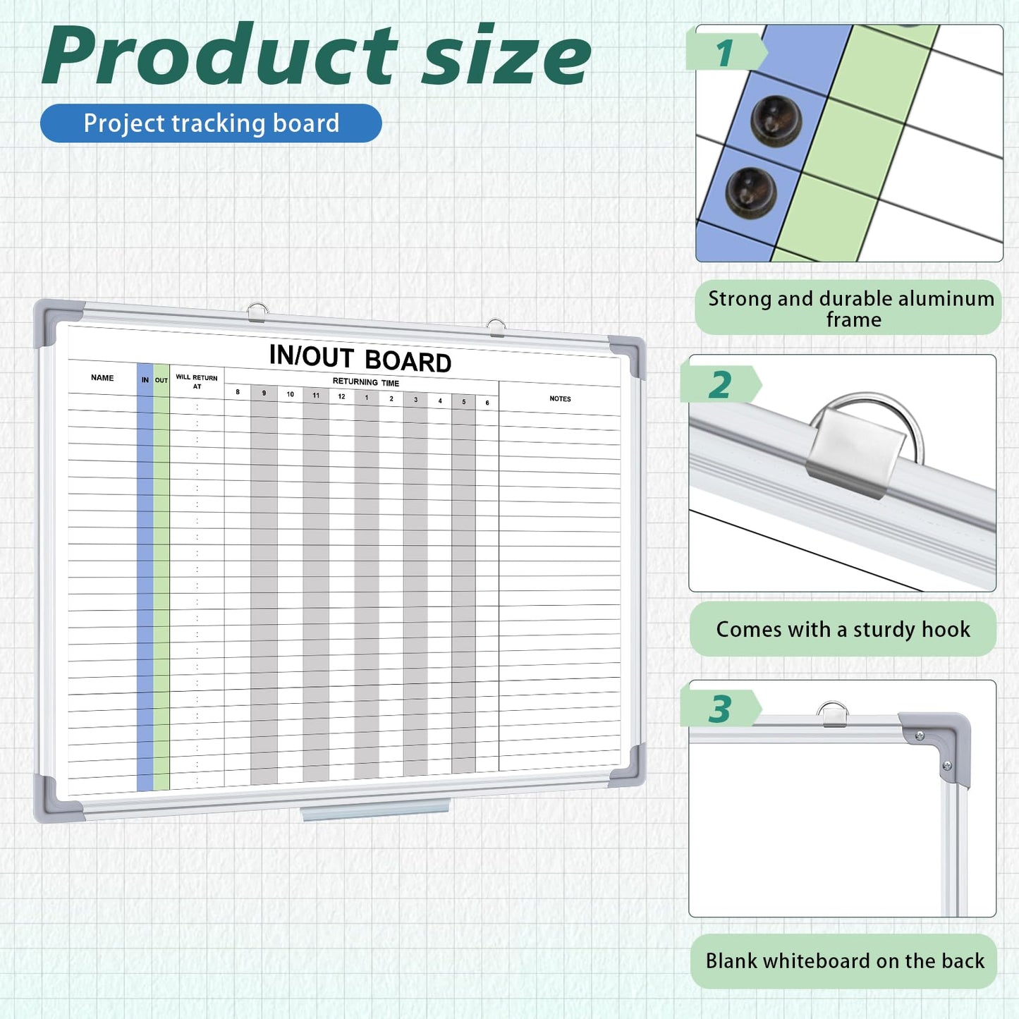 Lincia in and Out Magnetic Dry-Erase Board 18 x 24 Aluminum Framed White Board with Lines 24 Names with Magnetic Dry-Erase Marker, Eraser, and 26 Magnets Wall-Mounted for Office Employee
