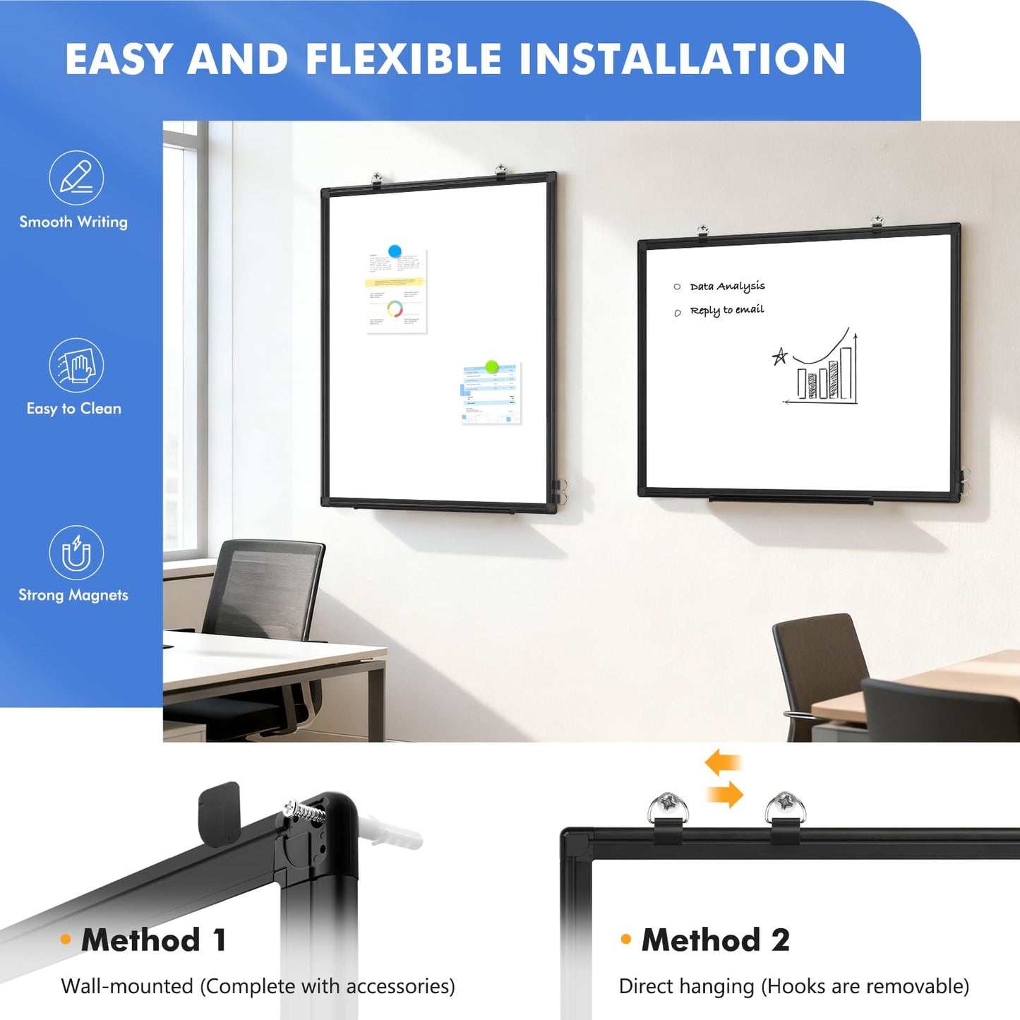 Double-Sided White Board Black Aluminium Frame, 24" x 18" Dry Erase Board Magnetic Whiteboard for Wall, Hanging Mounted Whiteboard Home, School, Office, Kitchen