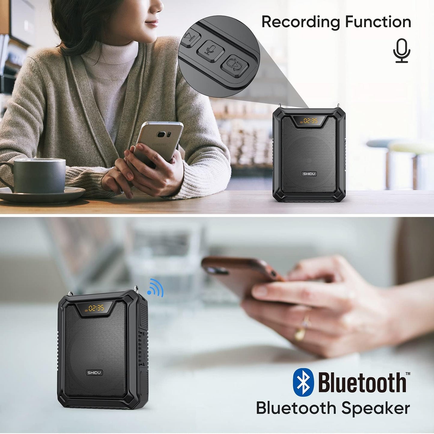 SHIDU 30W Voice Amplifier with Wireless Microphone, IPX6 Waterproof Amplifier Wireless & Wired Microphone Bluetooth Speaker Personal Megaphone for Teachers Meeting Speech Outdoors-M1000