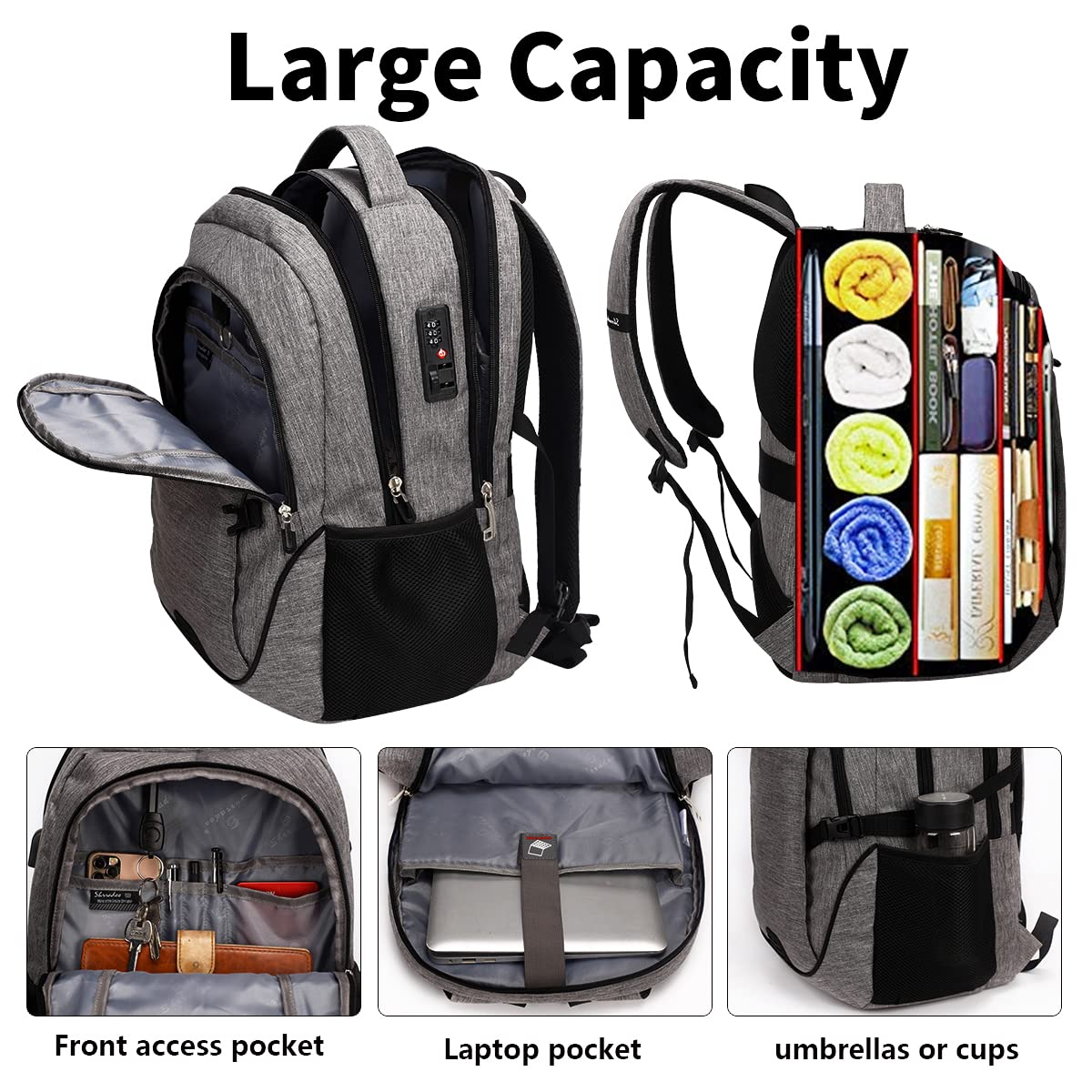 SHRRADOO Anti Theft Laptop Backpack Travel Backpacks with Combination Lock for Women Men College Backpack Computer Bag Fits 17 Inch Laptop,Grey