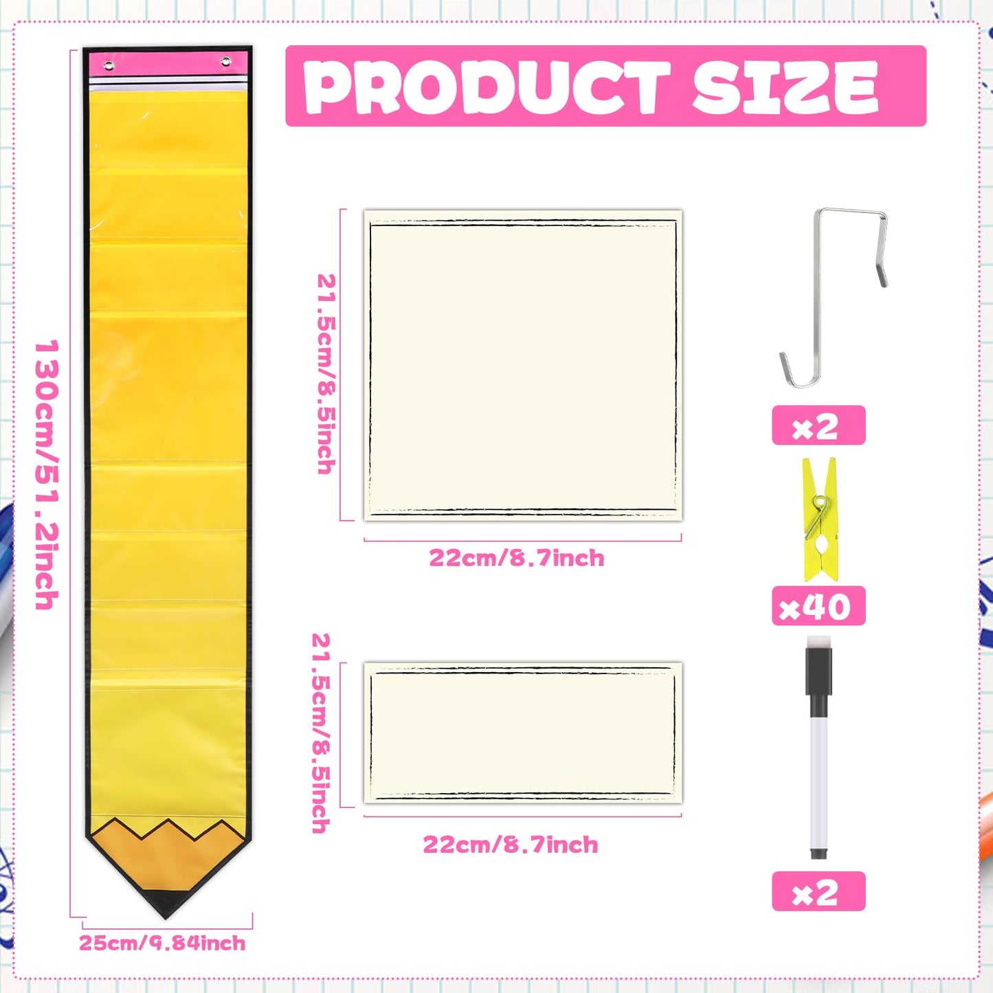Student Behavior Chart for Classroom Management Pencil Shape Kids Track Reward Incentive Chart Hanging Creative Bulletin Board with 40 Clips for Home Preschool Daycare Back to School Teacher Supplies