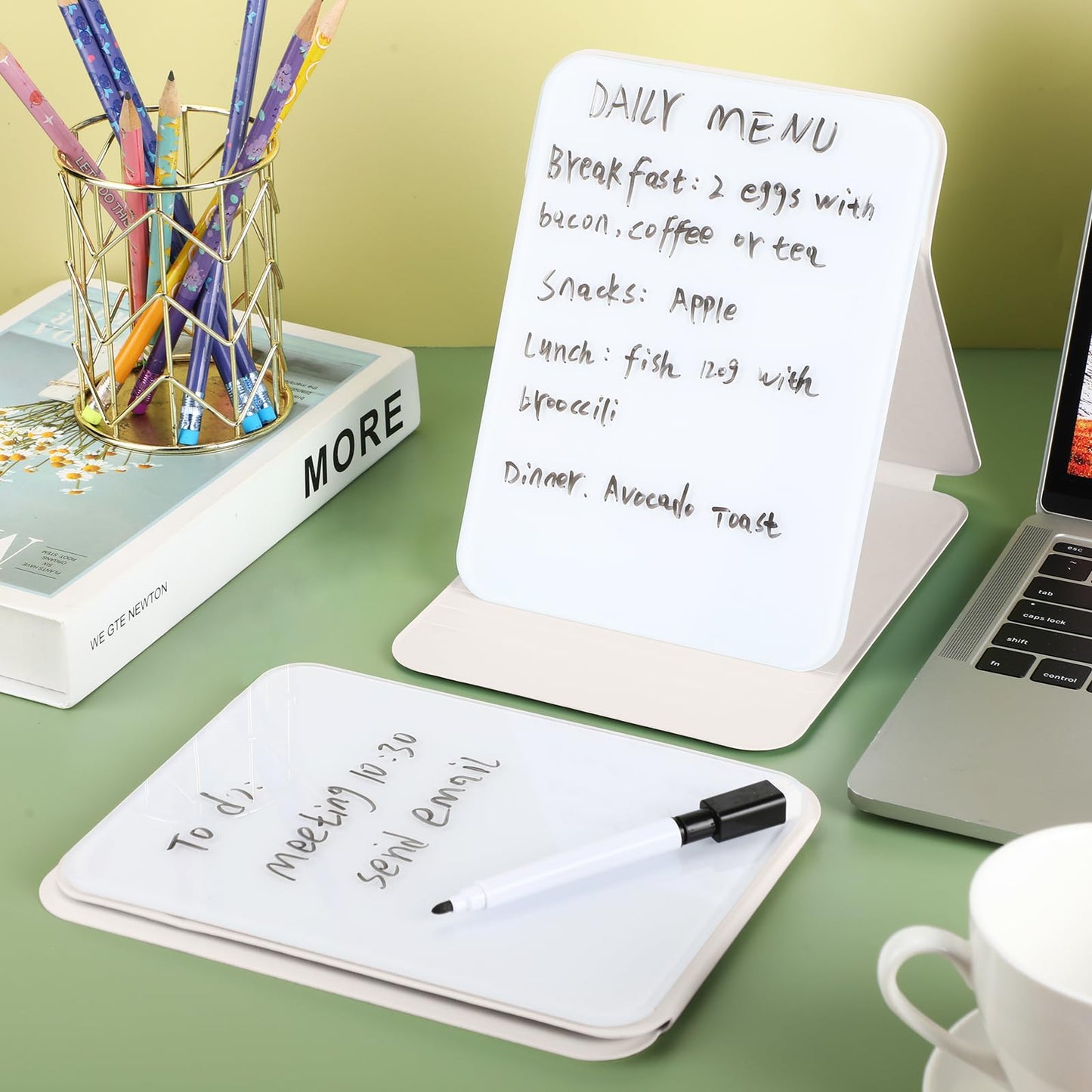 Dunzoom 2 Sets 4 Pcs Small Glass Desktop Whiteboard with Reversable Stand 8x6 Inch Mini Dry Erase White Board Easel with 2 Markers Reusable Desk Notepad for Home Office School Supplies (White)