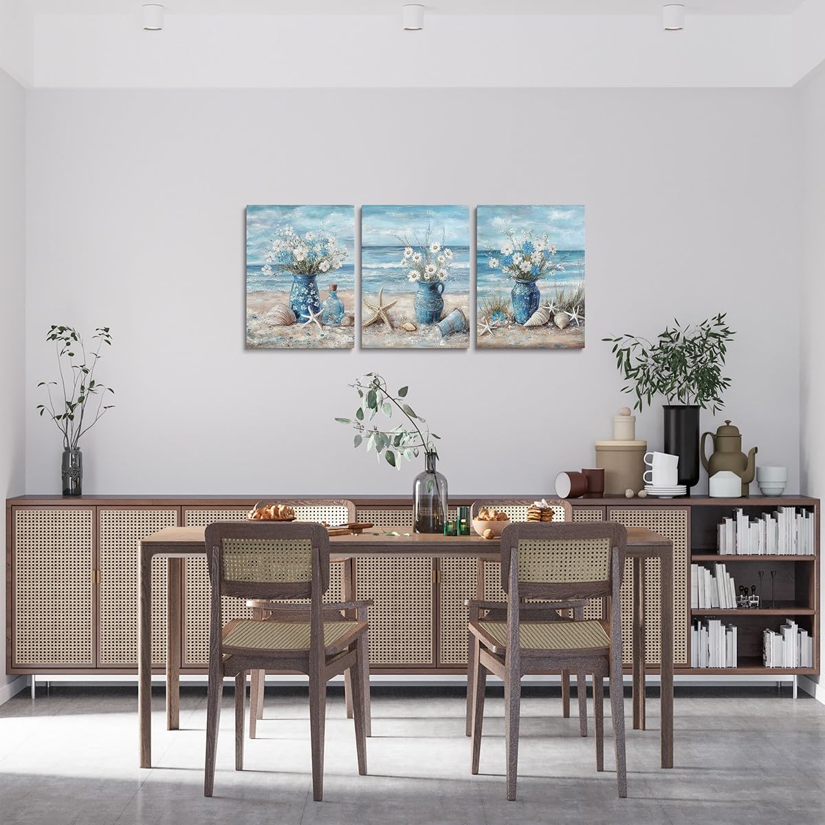 jejeloiu Blue Beach Canvas Wall Art for Living Room Bedroom 12"x16"x3pcs Daisy Flroal Picture Wall Decor for Bathroom Starfish Coastal Ocean Office Decorations Artwork Posters Ocean Marine Painting