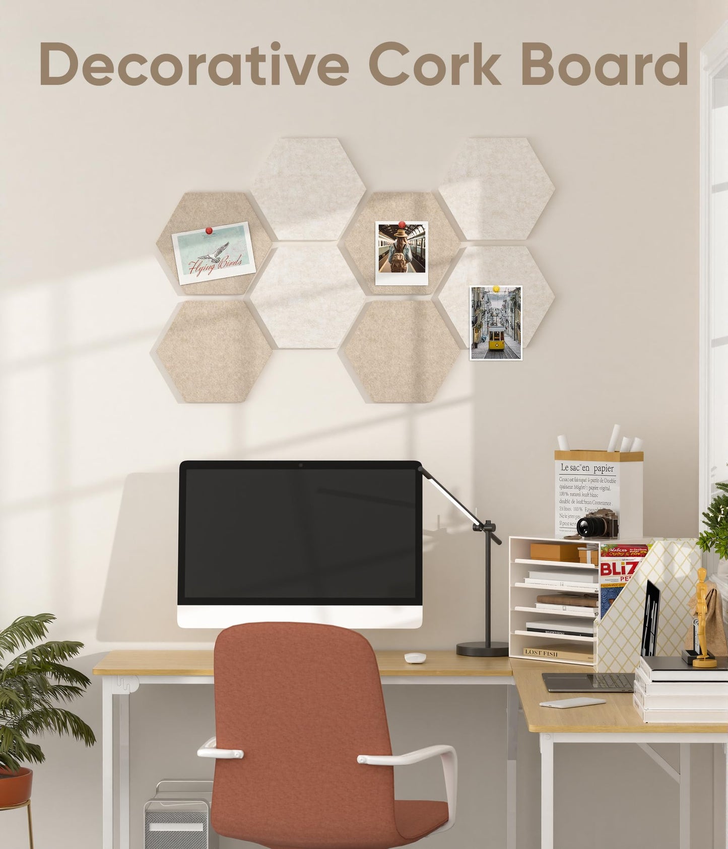 Toptople 12 Inch Large Hexagon Cork Board for Walls, 8 Pack Felt Bulletin Board Tiles, Pin Board with Push Pins for Office Photo and Note, Tan Mix