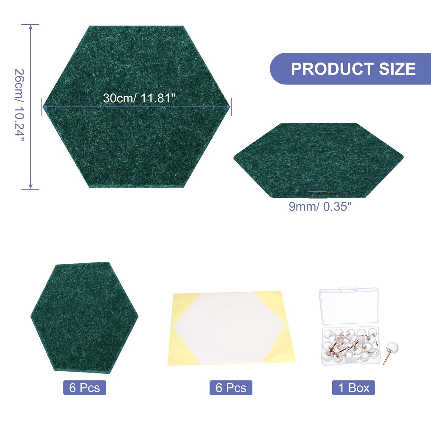 PATIKIL Felt Bulletin Board, 12"x10", 6 Packs Self Adhesive Hexagon Felt Tiles for Sound Proofing Wall Panels for Home Office Recording Studio,Game Room, Blackish Green