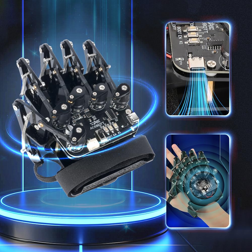 ESP32 Motion-Sensing Glove Supports Arduino, ACECode & Python，DIY Robotic Mechanical Hand STEM Toy Starter Kit Five Fingers Arm for Robot Kit Control, Science/Coding/Programming Set