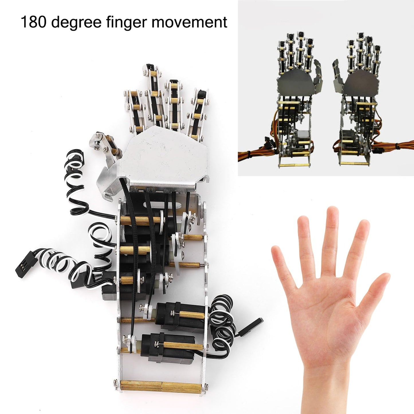 Robot Hand Kit, 5 Finger 180 Degree Movement Bionic Mechanical Arm DIY Kit with Analog Servos and Acrylic Aluminum Frame for Robotics Education and Secondary Development