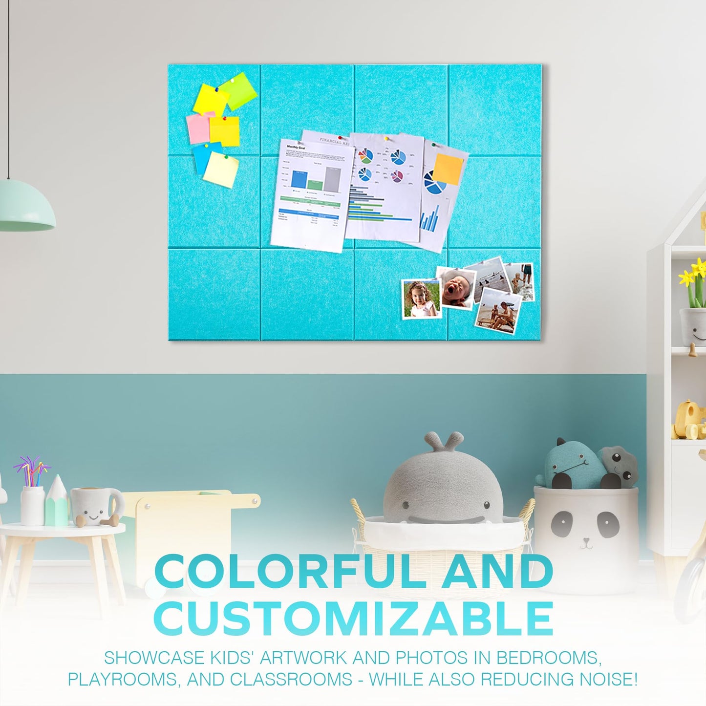 Bulletin Board 40x30in, 12 Count 9.8 x 9.8in Felt Wall Tiles with Removable Adhesive Tape, Cork Board Alternative for Walls, Wall Decor, Kids Art Display, Kids Room (Aqua Collection)