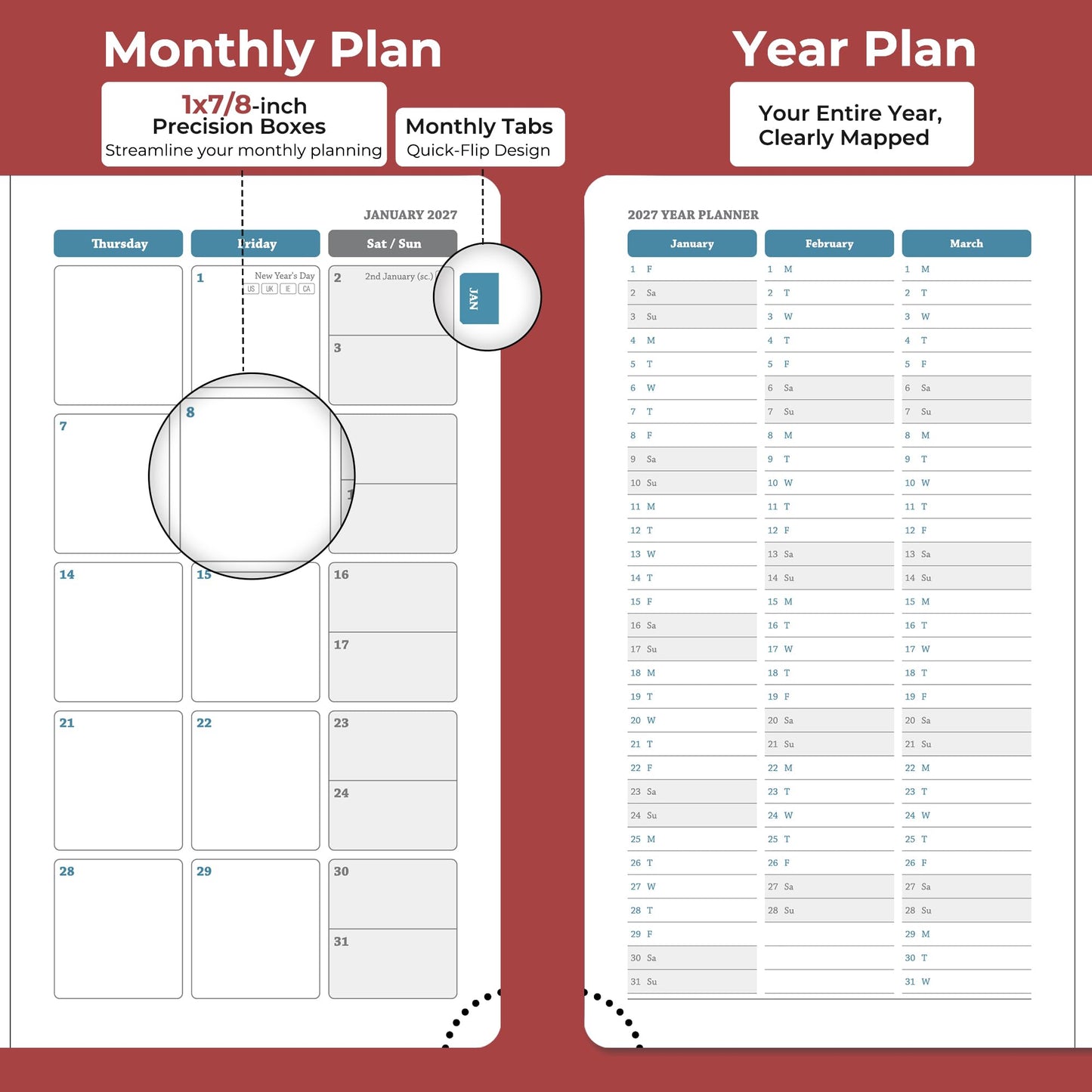 IN-LUXPRO Planner 2026-2027 Daily Weekly and Monthly,6.5"x3.75",18 Months Spiral Bound Calendar Agenda with Self-adhesive Pen Holder,2026 Academic Plan with Vegan Leather Soft Cover,Red
