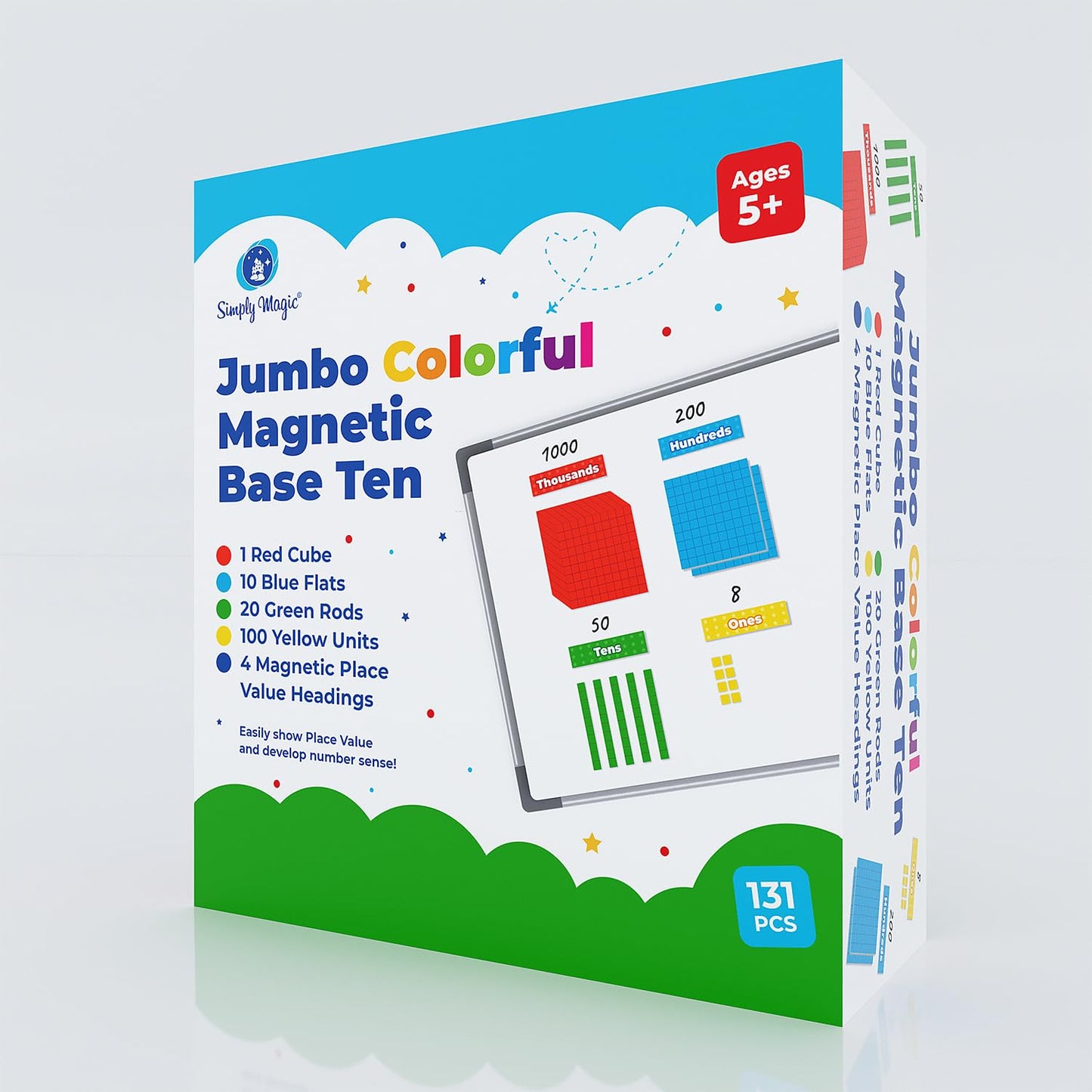 Simply magic 131+4 PCS Jumbo Colorful Magnetic Base Ten Blocks for Math + Headings - Place Value Manipulatives Magnets, Math Manipulatives, Base 10 Blocks, Counters for Kids, Classroom Must Haves
