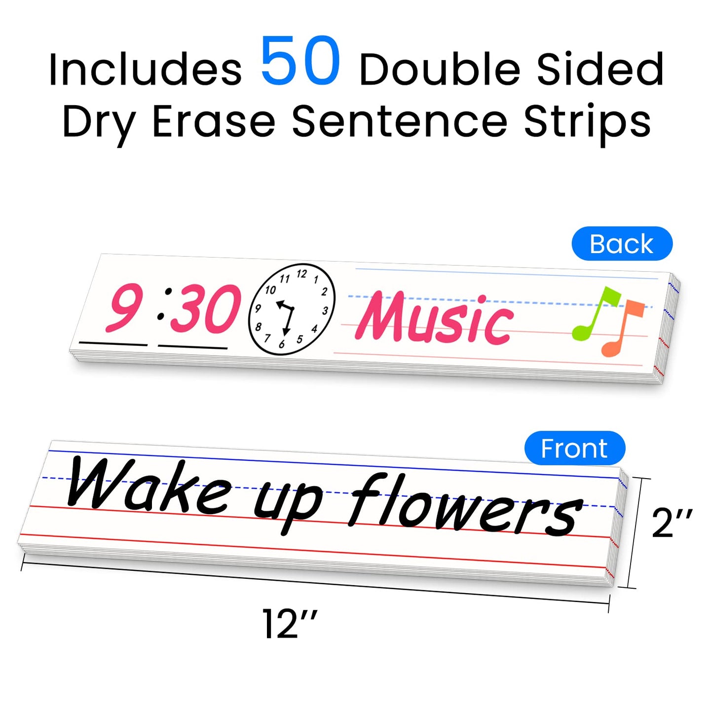 Godery Dry Erase Sentence Strips Cardstock 2” x 12”, Thick Ruled Word Writing Paper, Schedule Card for Teacher Supplies, Classroom and Home, Pack of 50