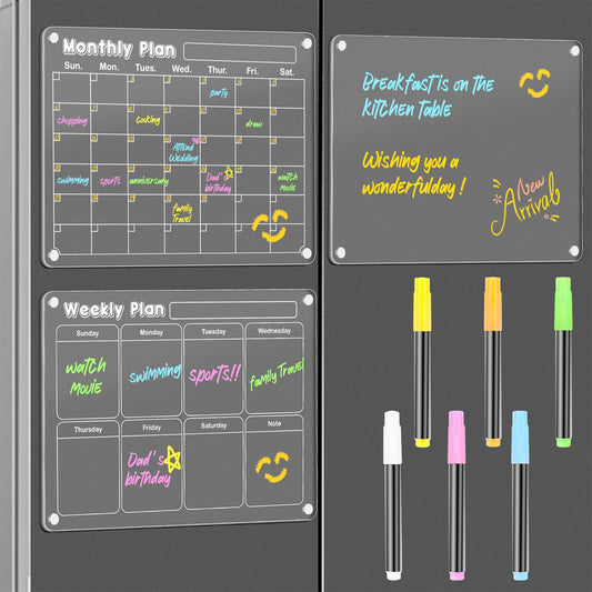 DIYMAG Magnetic Calendar for Refrigerator 3 PCS Dry Erase Whiteboard 15.2"x11.2" Magnet Fridge Monthly Weekly White Board Wall Planners Acrylic Clear Apartment Decor Meal Planner with 6 Colors Markers