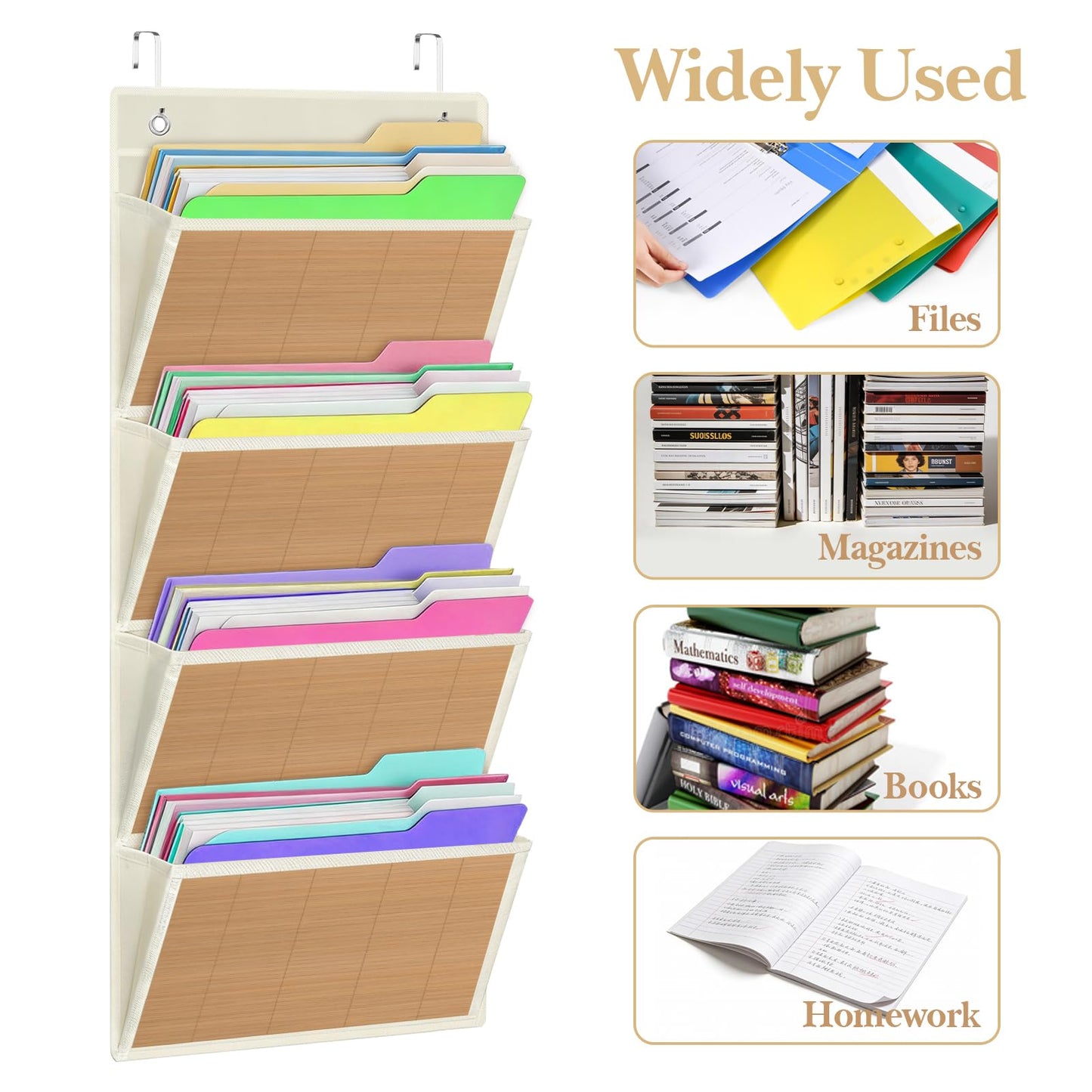 VERONLY Over the Door File Organizer - Hanging Wall Mounted File Folders Storage with 5 Extra Large Pockets for Home, 0ffice, Classroom,Chart Papers, Files, Letters,Planner, Documents (Beige)