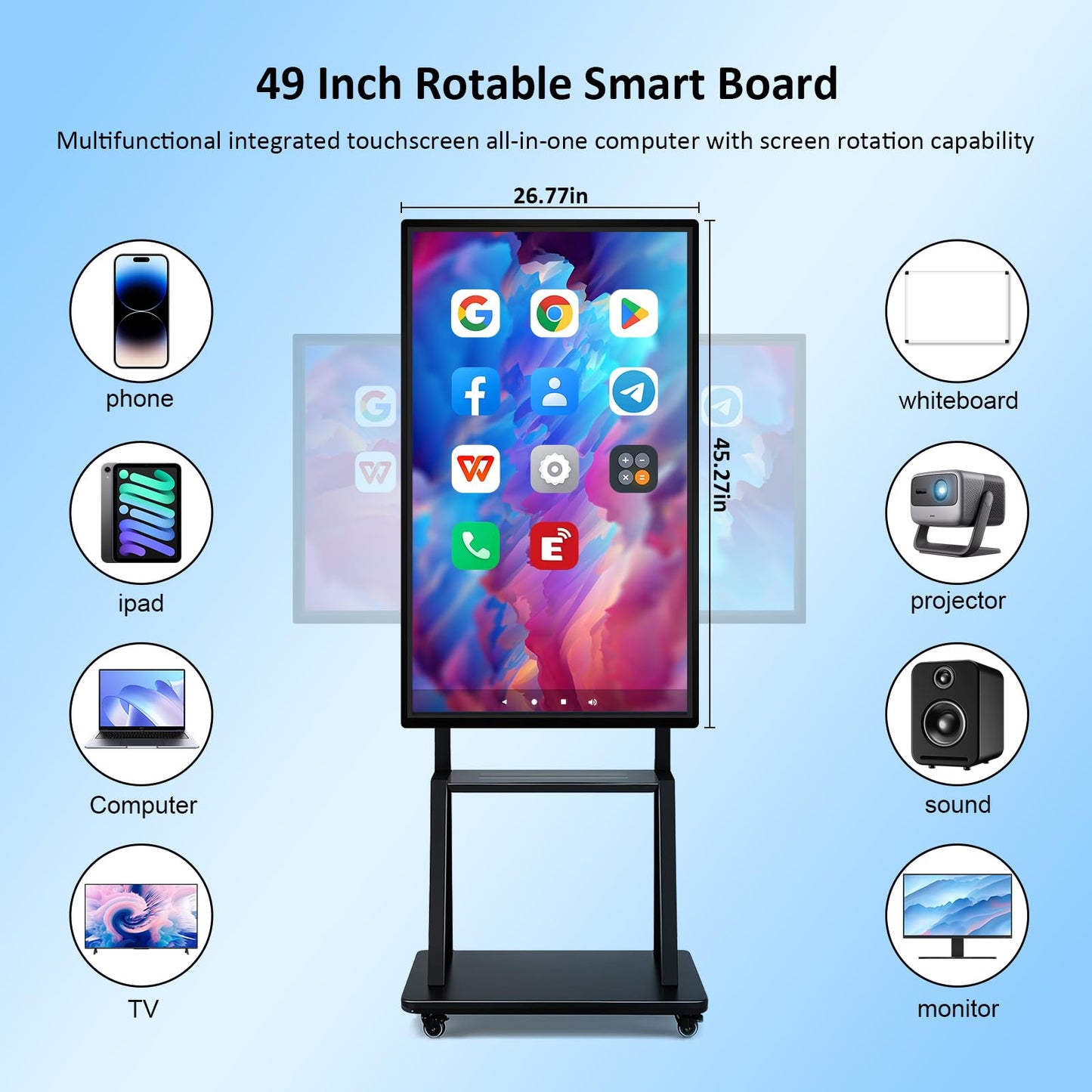 49" Smart Board, Electronic Interactive Smartboard for Classroom, Screen Mirroring, Android iOS 12, Digital Whiteboard for Presention Annotation Live Streaming(Wall Mount Included)