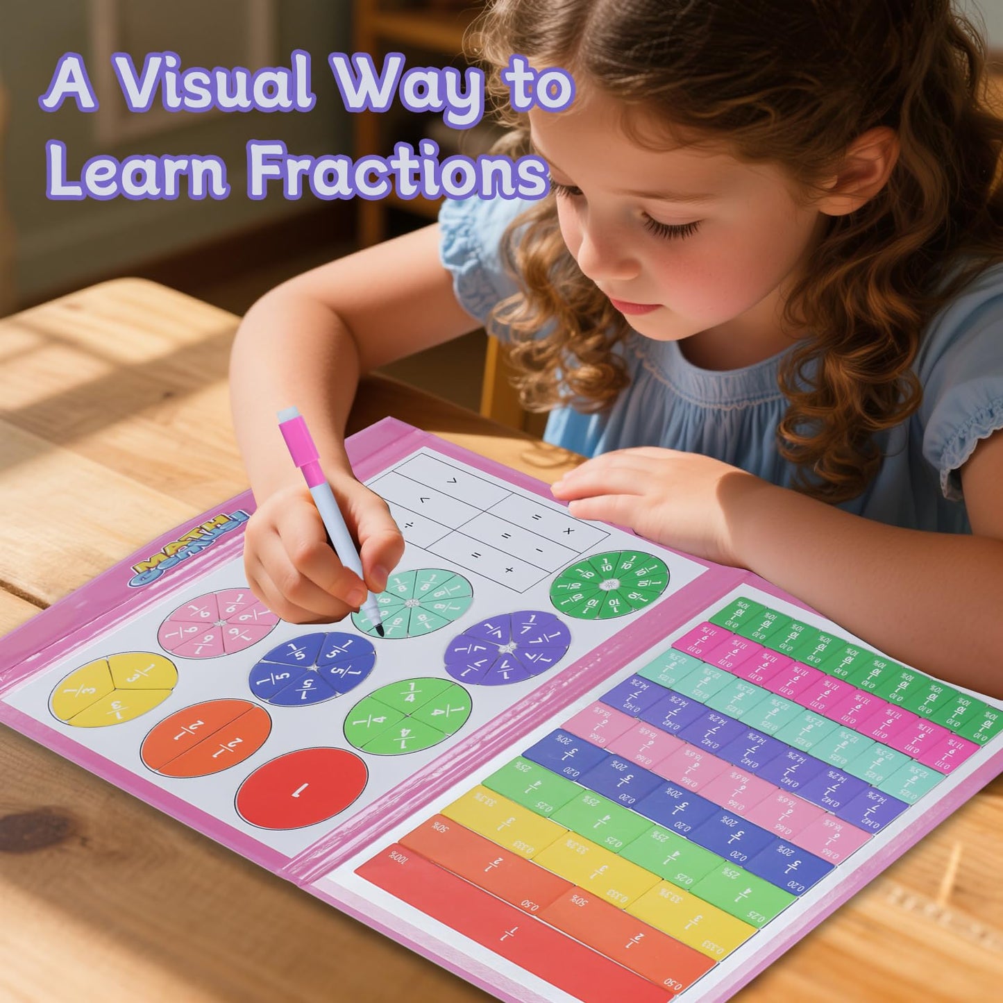 Magnetic Fraction Educational Puzzle with Fraction Tiles & Circles, Math Manipulatives Montessori Learning Toys to Help Kids Learn Fractions and Build Early Math Skills (Pink)
