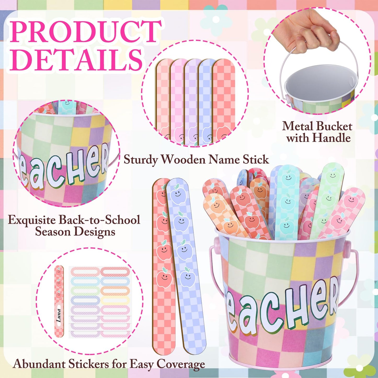 ReliThick 101 Pcs Pastel Checkerboard Flip Name Sticks with Metal Buckets Back to School Talking Sticks with Metal Holder Set for Classroom Management Tool Teacher Essentials Educational Activities