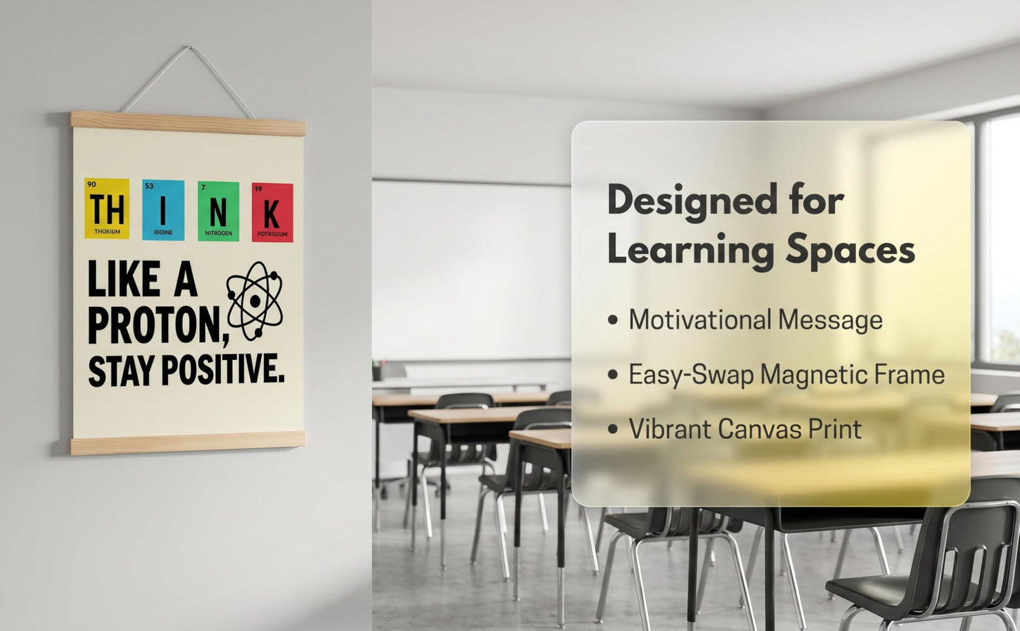 CVDGUFY Classroom Decorations, Funny Science Canvas Wall Art With Wooden Hanging Scroll, Think Like A Proton Poster, 30 x 40 cm, For Teachers, Students, Office, Dorm