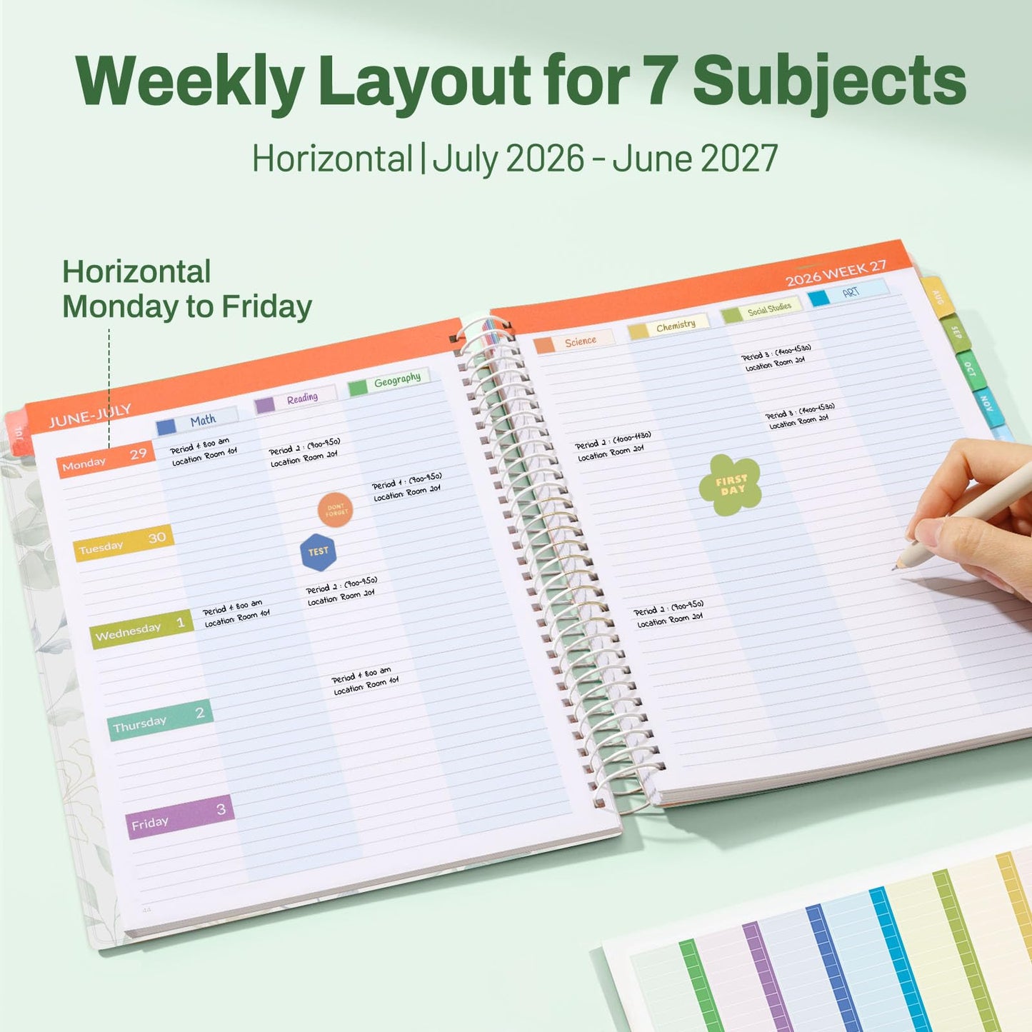 SUNEE Deluxe Teacher Planner 2026-2027, Lesson Planner Book with 7 Periods Jul 2026 - Jun 2027, 8.5" x 11" Weekly and Monthly Organizers with Colorful Tabs, Planning Stickers,120gms Paper, Full Leaf