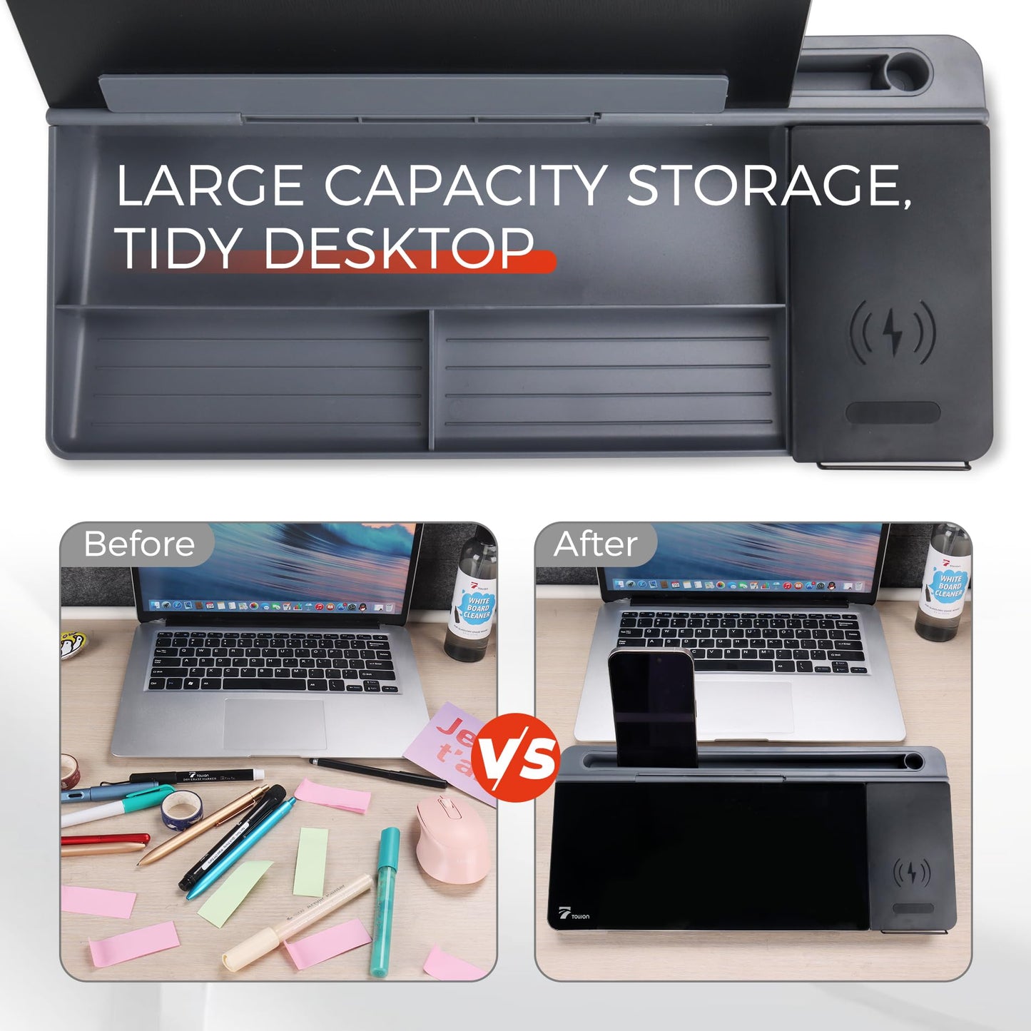 TOWON Glass Desk Whiteboard with Wireless Charger, Desktop Dry Erase Board with Storage & Phone Stand – Compact ~16 x 7 in, Black – Includes Marker & Eraser, Tempered Glass, Rewrite Reusable