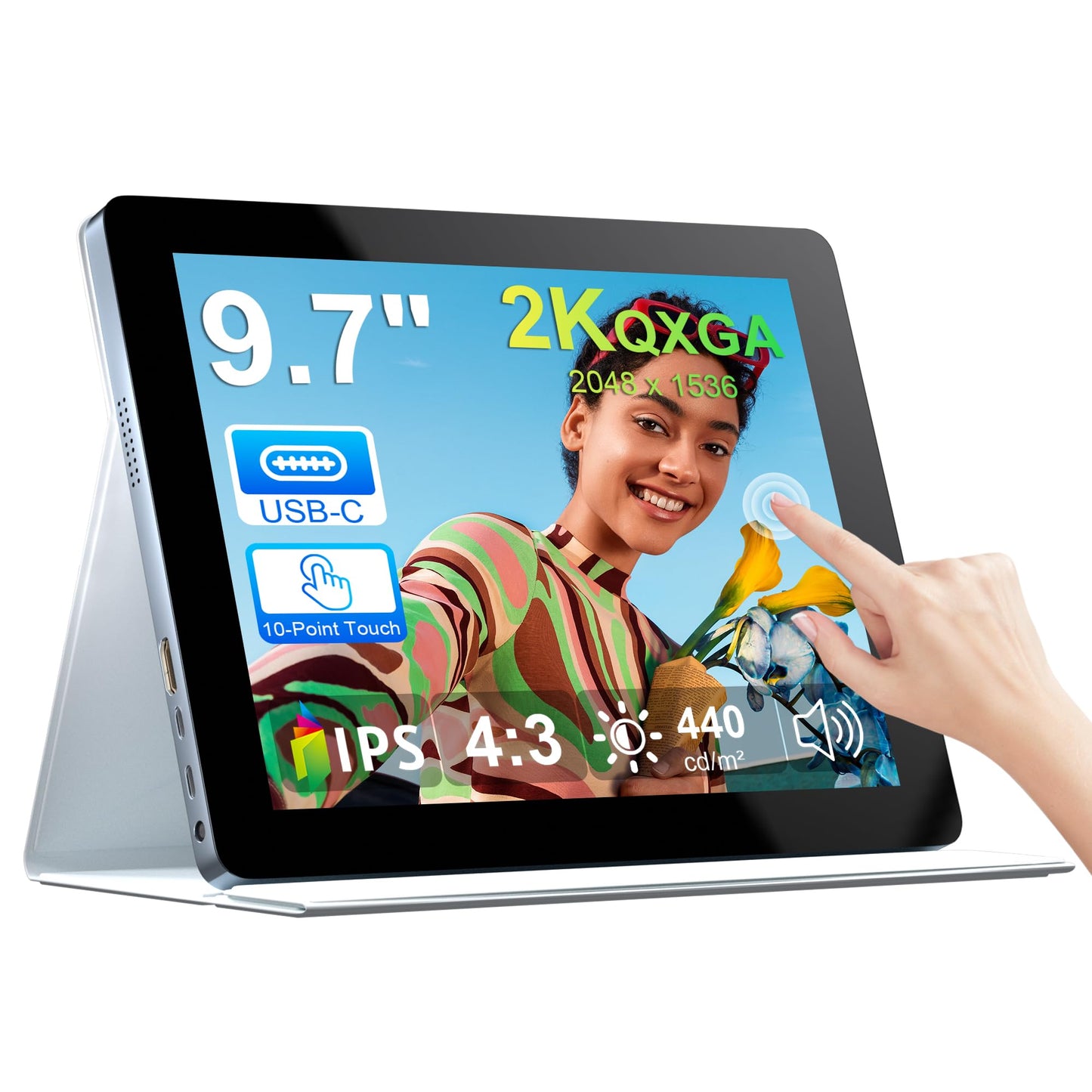 Thinlerain 9.7" 2K Portable Monitor Touchscreen, 2048x1536 IPS Display with 10-Point Touch, HDMI & Dual USB-C, CNC Aluminum Body, Built-in Speaker, Protective Case for PC/Phone/Travel/Home Office