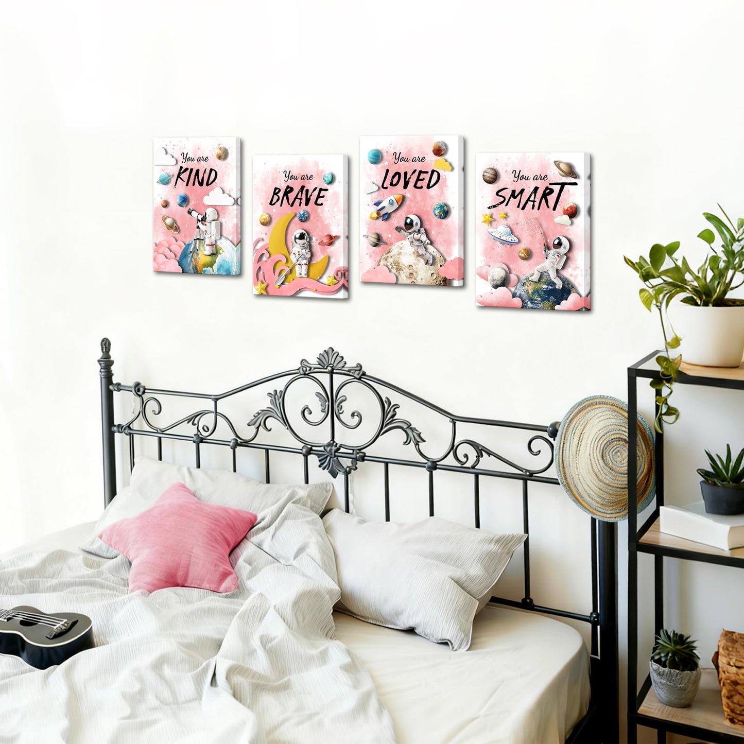 LoveHouse Space Wall Art Astronaut Kids Room Wall Decor Inspirational Quotes Canvas Prints Cosmic Painting for Nursery Classroom (Pink)