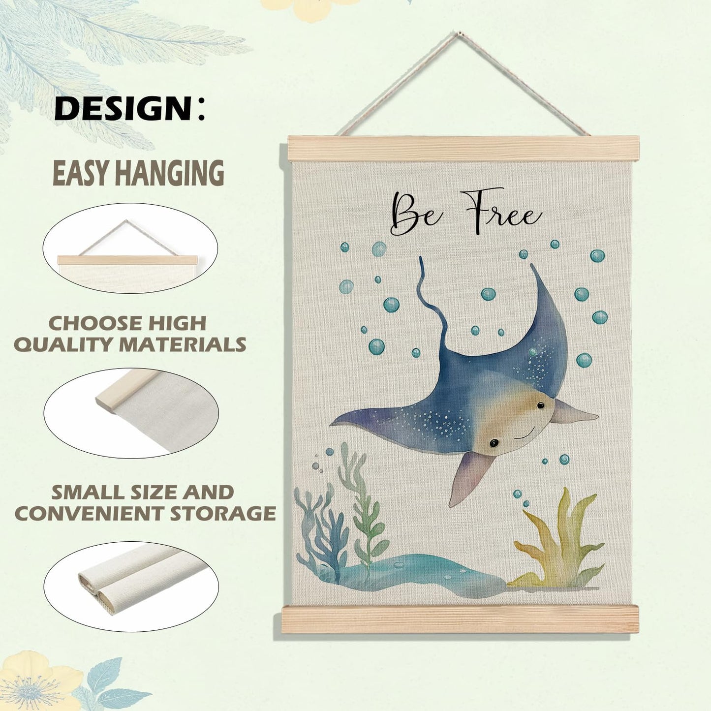 BearCake Ocean Nursery Decor, Stingray Octopus Under the Sea Wall Art Poster Hanger Frame, Inspirational Beach Nursery Canvas Prints Framed Wall Decor for Kids Room Playroom, 12x16 Inch Set of 2