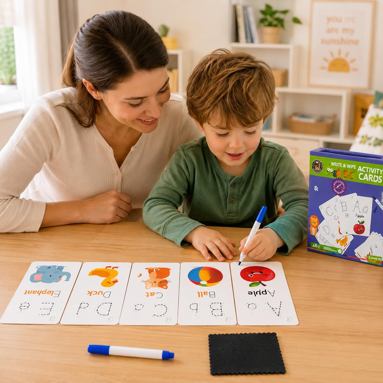 Write & Wipe Activity Cards for Kids, Reusable Tracing Flash Cards, Preschool Handwriting Practice Set, Letter Number Math Learning Activities Ages 3-6 (Letter Tracing)