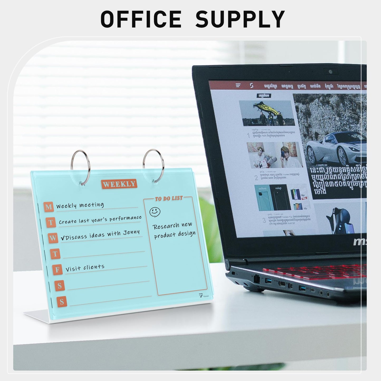 Desktop Glass Dry Erase & Acrylic Aesthetic Calendar Weekly to-do List Combo, Small Magnetic Standing Whiteboard, Desk Flip Easel Calendar with Accessories for Home Office Supply, Aqua Blue, 9 x 7''