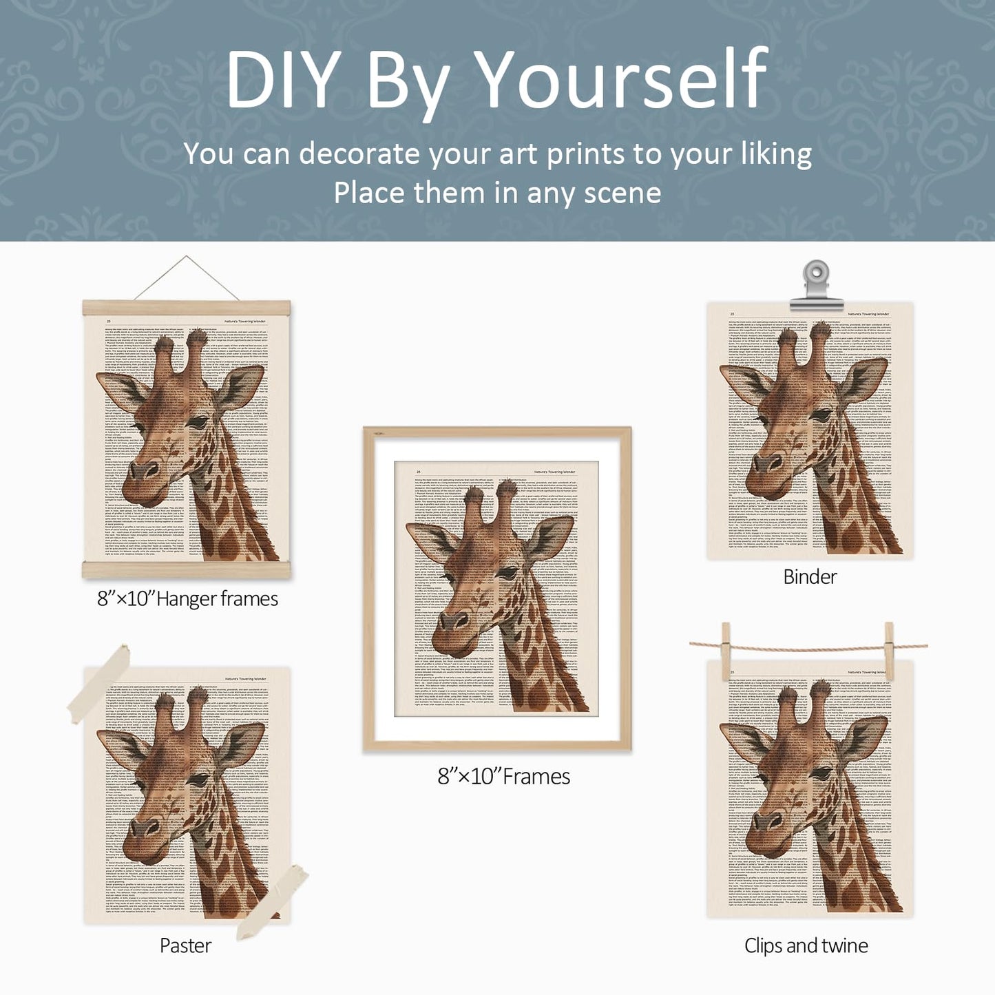 VONTP Retro Giraffe Wall Art Decor, Cute Giraffe Baby Dad Mom Wild Animal Family Prints Poster Wall Decorations for Nursery Kids Room Bedroom Dorm Bathroom, 8x10 Set of 4 (Unframed)
