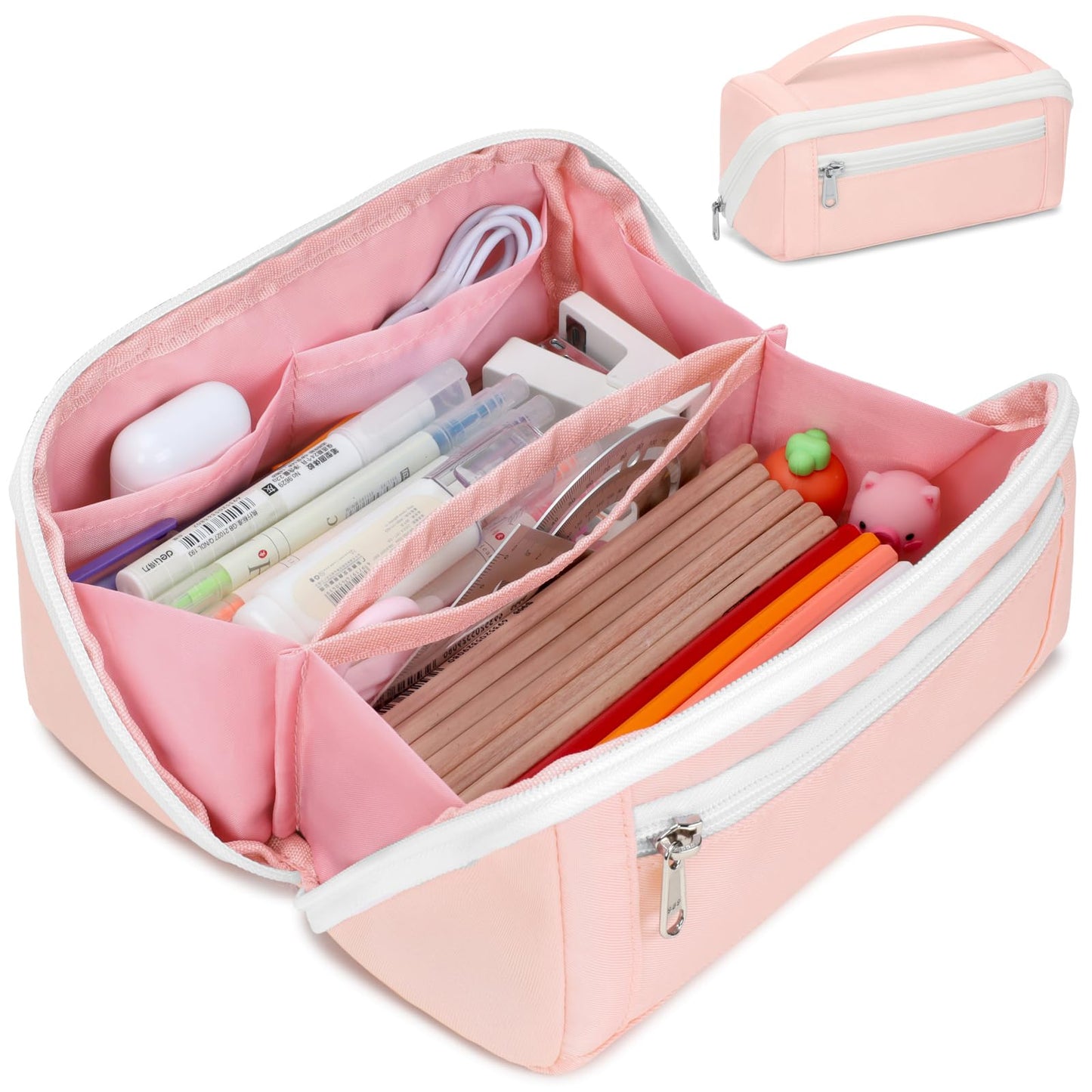 BrainyBees Large Capacity Pencil Case - Pencil Pouch for Teen Girls, Aesthetic Pouch Organizer with 8 Compartments, Wide Opening Marker Bag for Middle High School College, Fits Calculator, Pink